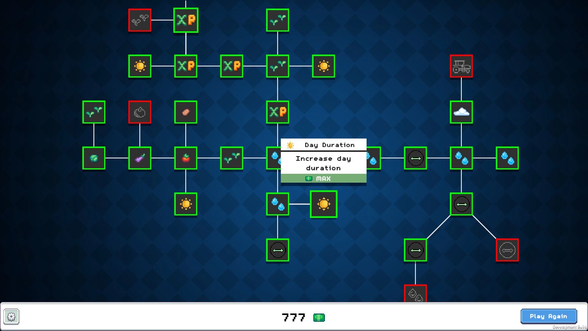Keep Watering: Upgrade tree menu with linked perk icons and Day Duration tooltip on blue grid background.