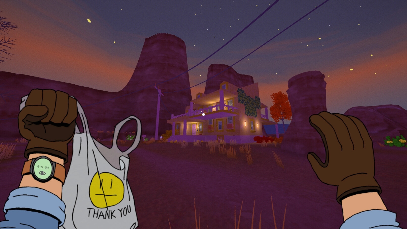Keepsake County: Player approaches farmhouse at dusk with gloved hands and a shopping bag in desert setting.