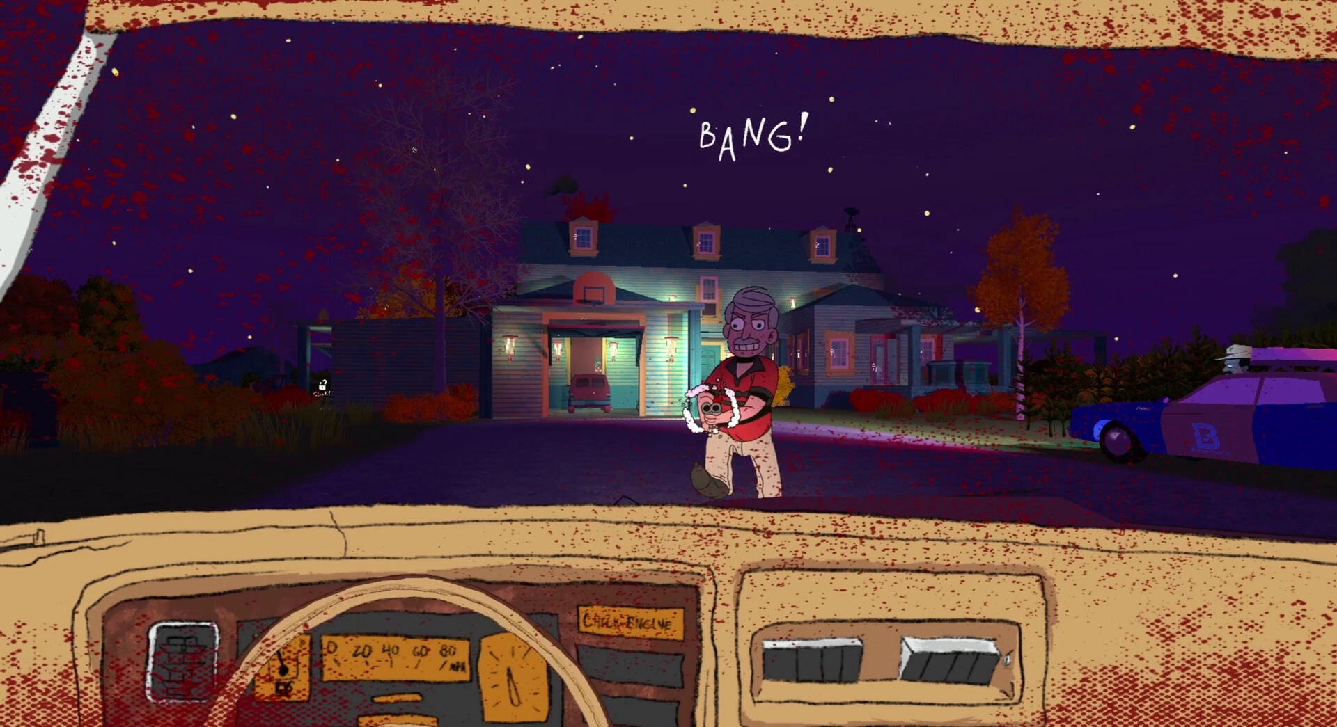 Keepsake County: Armed character confronts player in front of farmhouse at night, police car nearby.