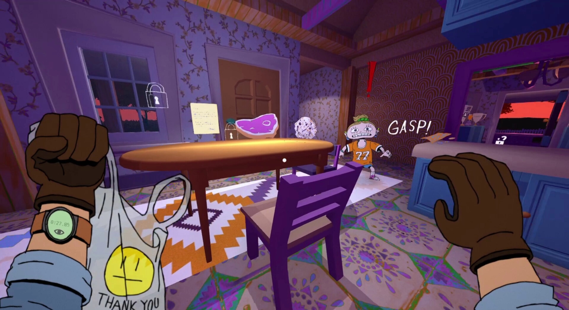 Keepsake County: Player holding bag, startled resident in farmhouse kitchen with timer on wristwatch.