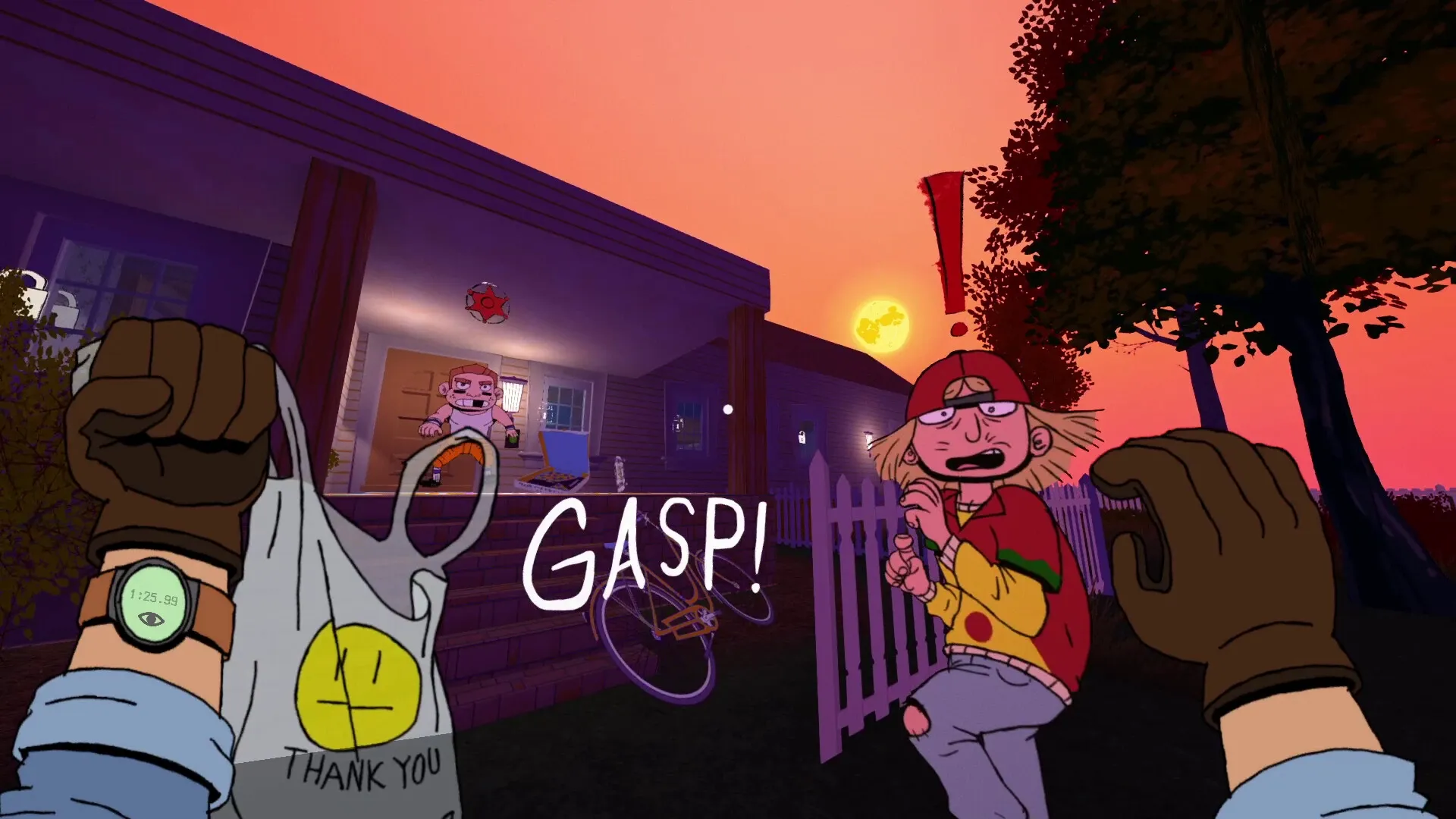 Keepsake County: Player wearing gloves and watch, startled character near farmhouse at sunset