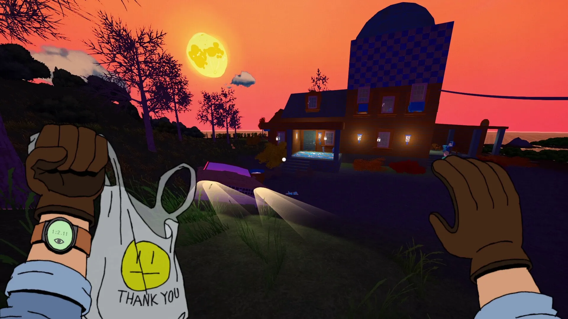 Keepsake County: Player approaches farmhouse at sunset with a bag, wearing gloves and a watch, headlights on.