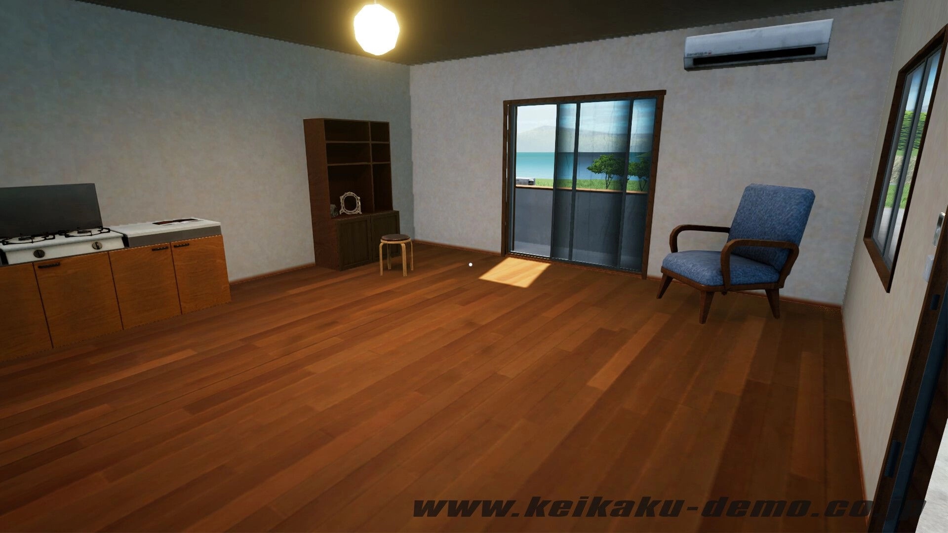 Keikaku計画: First-person view of a sparse apartment room with kitchenette, chair, and balcony door to sea.