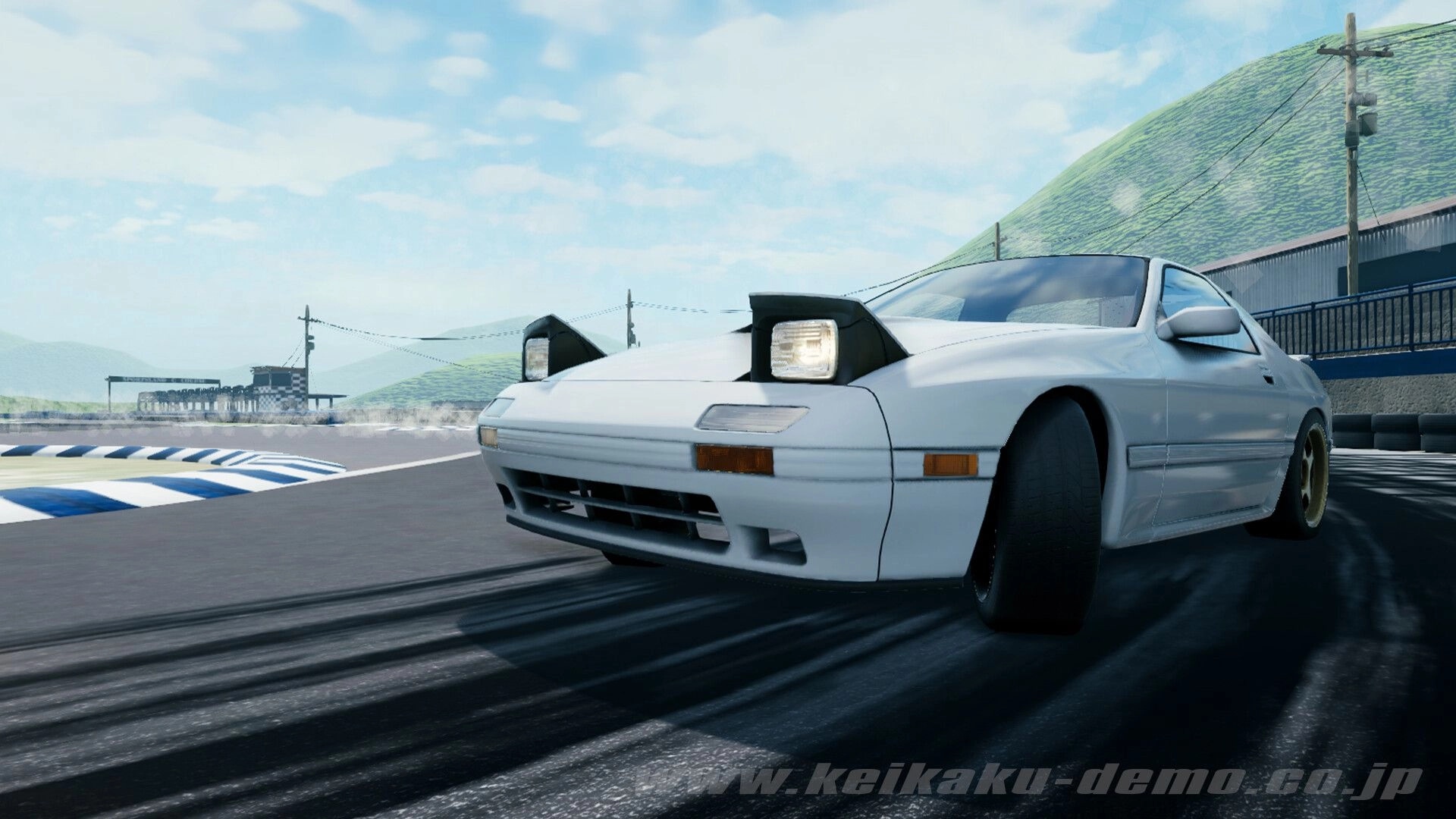 Keikaku計画: White coupe drifting on a racetrack, tire smoke and skid marks with green hills beyond.
