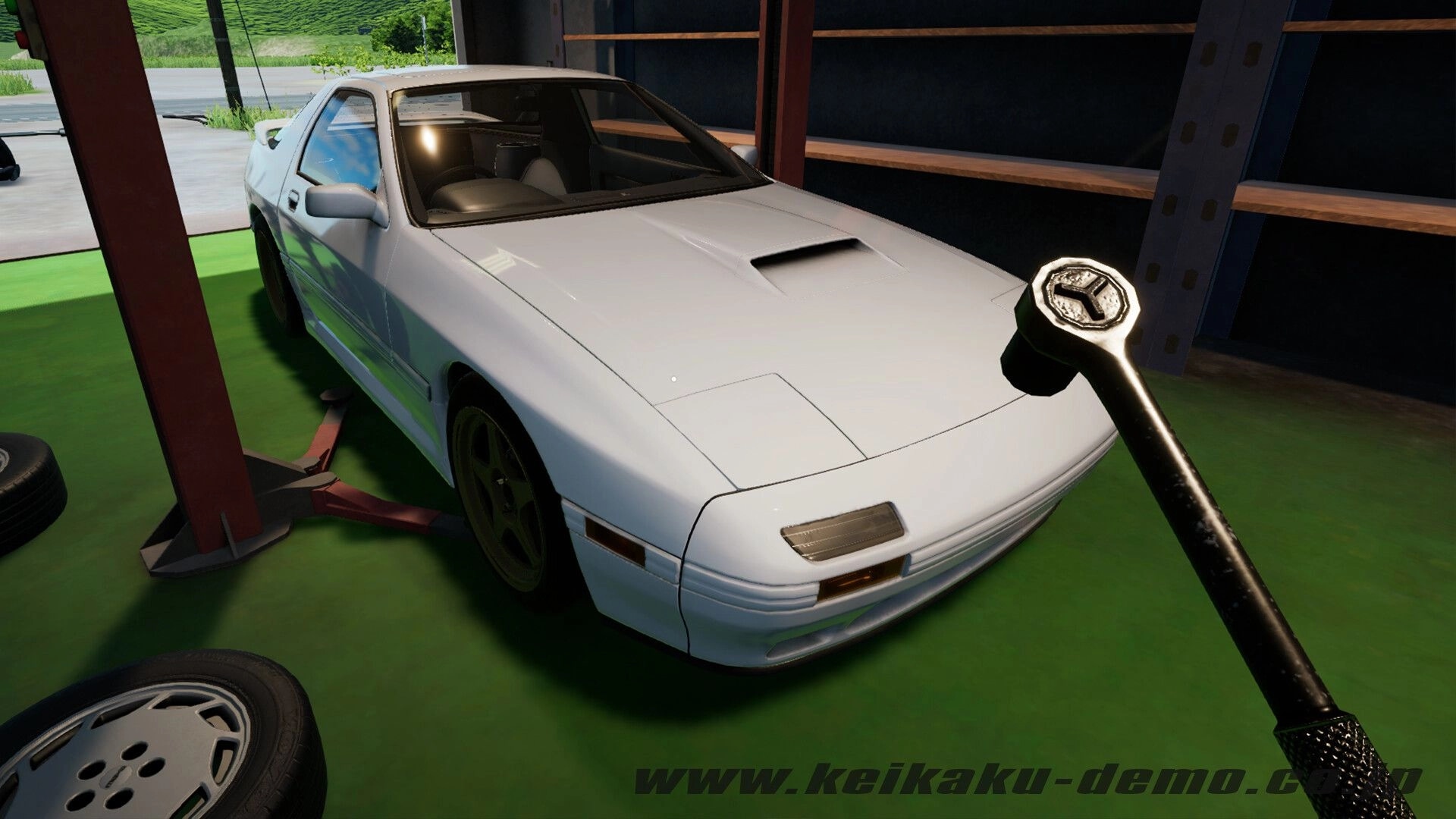 Keikaku計画: First-person wrench view beside a white sports coupe on a lift in a garage bay.