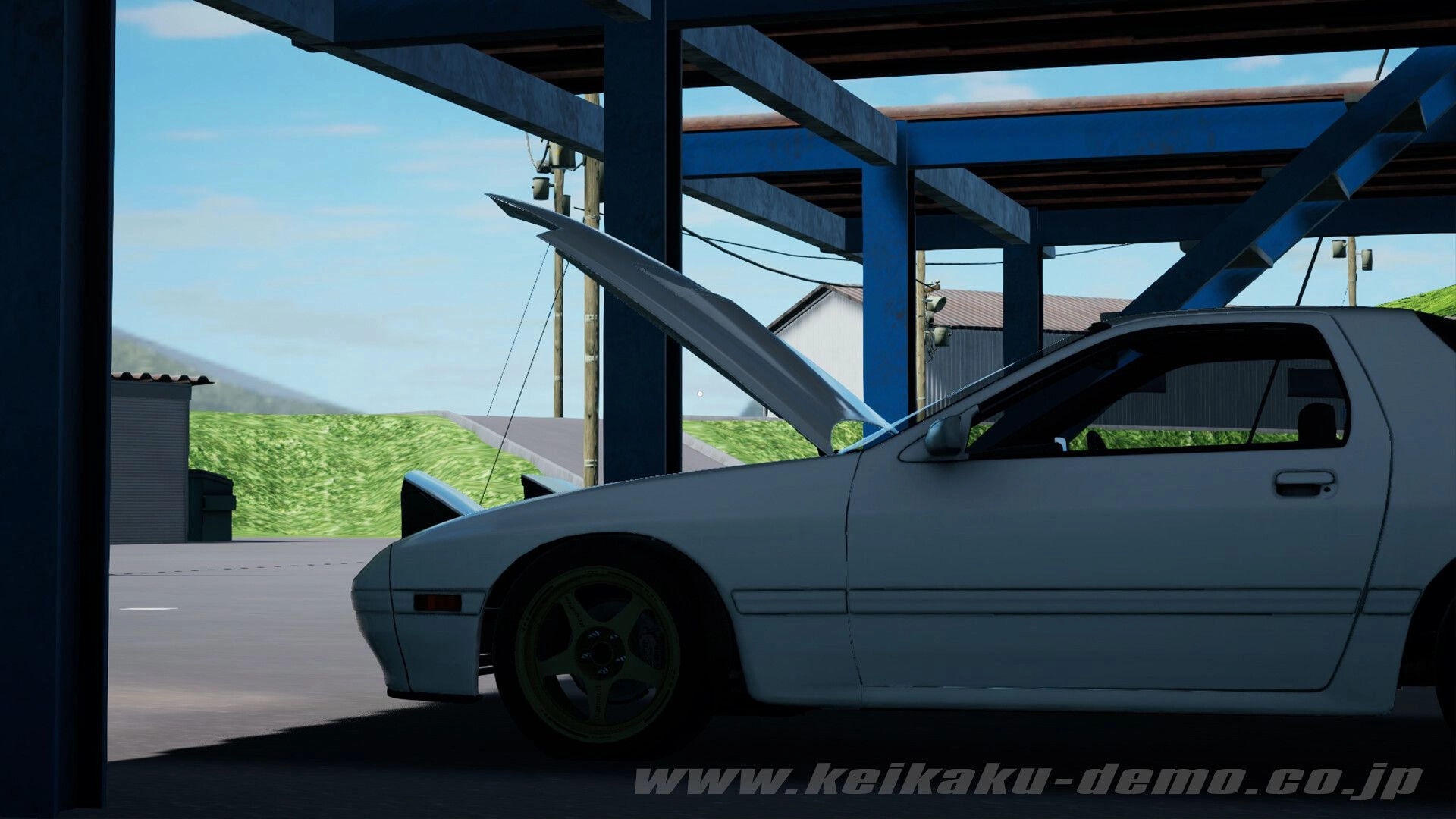 Keikaku計画: White coupe with hood open under blue steel carport beside a road and grassy hills.