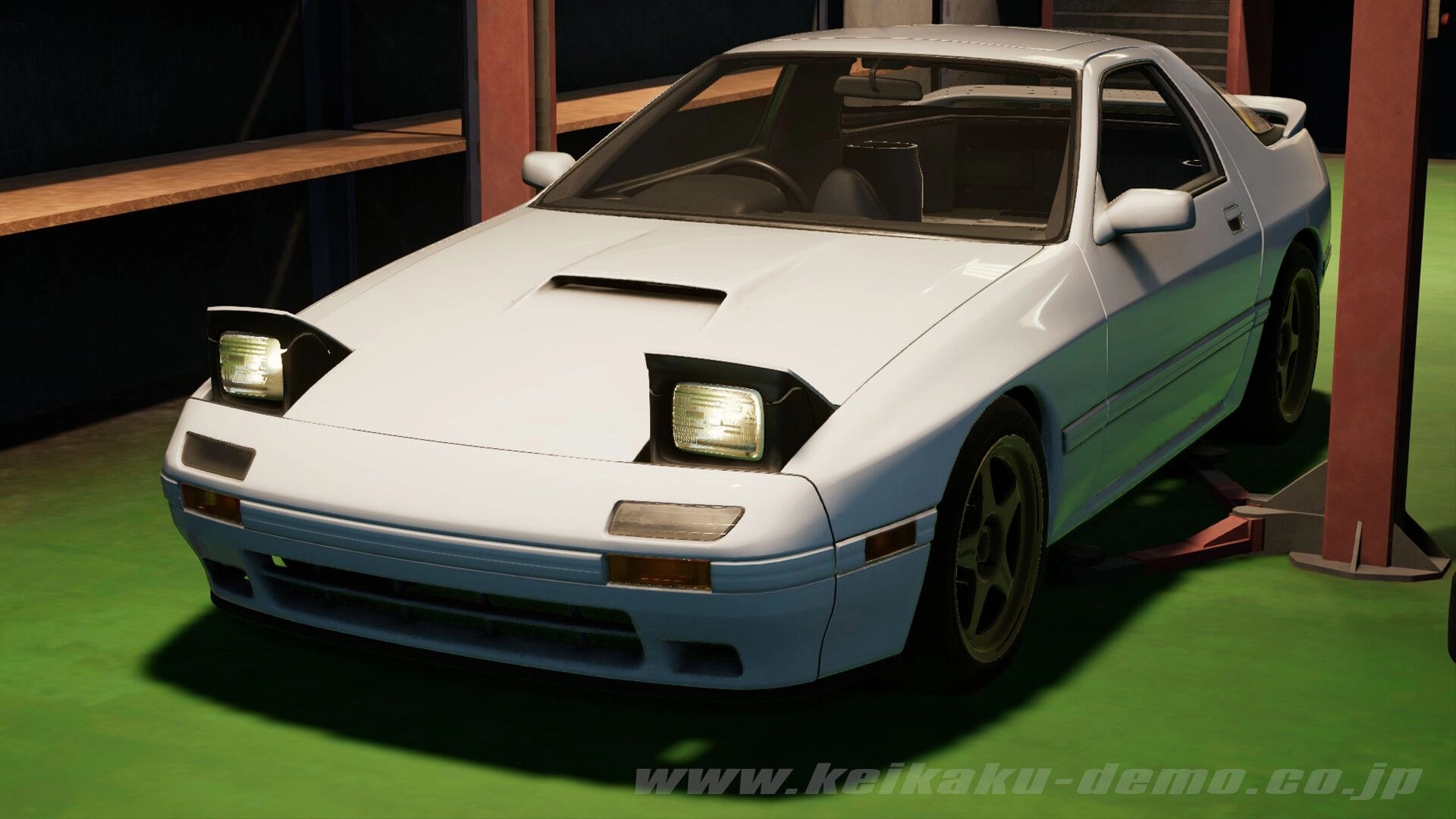 Keikaku計画: White sports coupe with pop-up headlights parked on a lift in a dim garage bay.