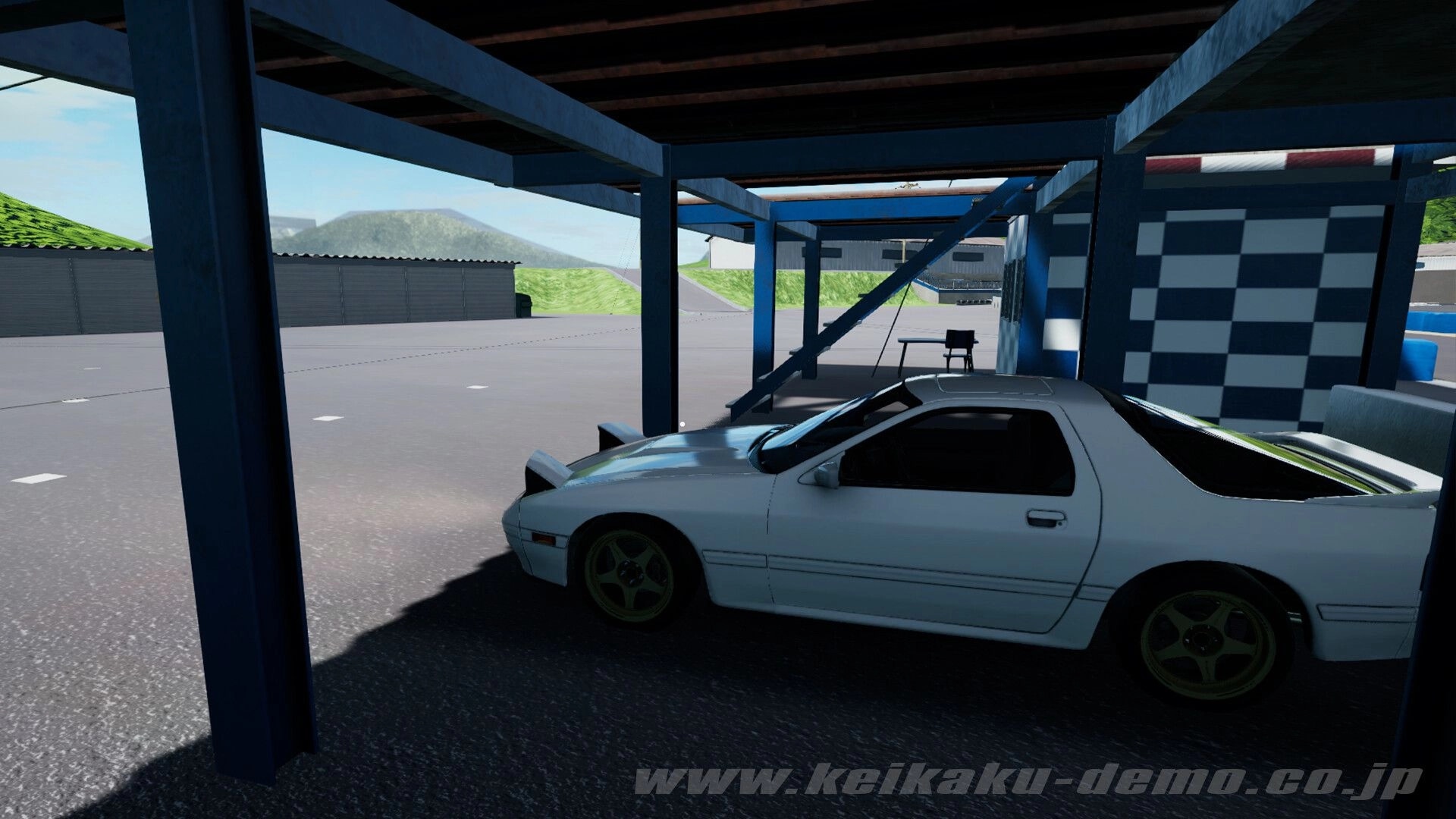 Keikaku計画: White pickup-style sports car parked under pit canopy beside checkered wall at track paddock.