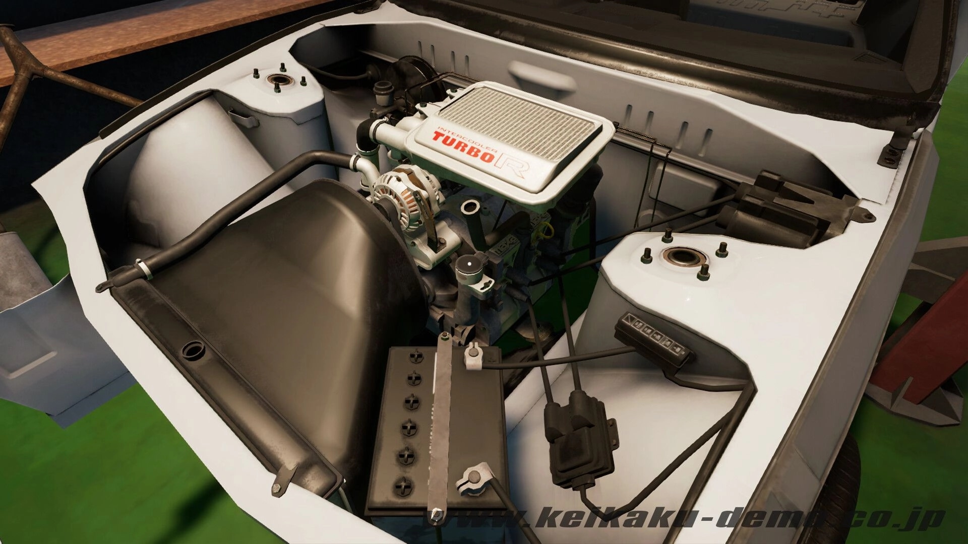 Keikaku計画: Close-up of turbocharged engine bay with battery, hoses, and strut towers in garage view.