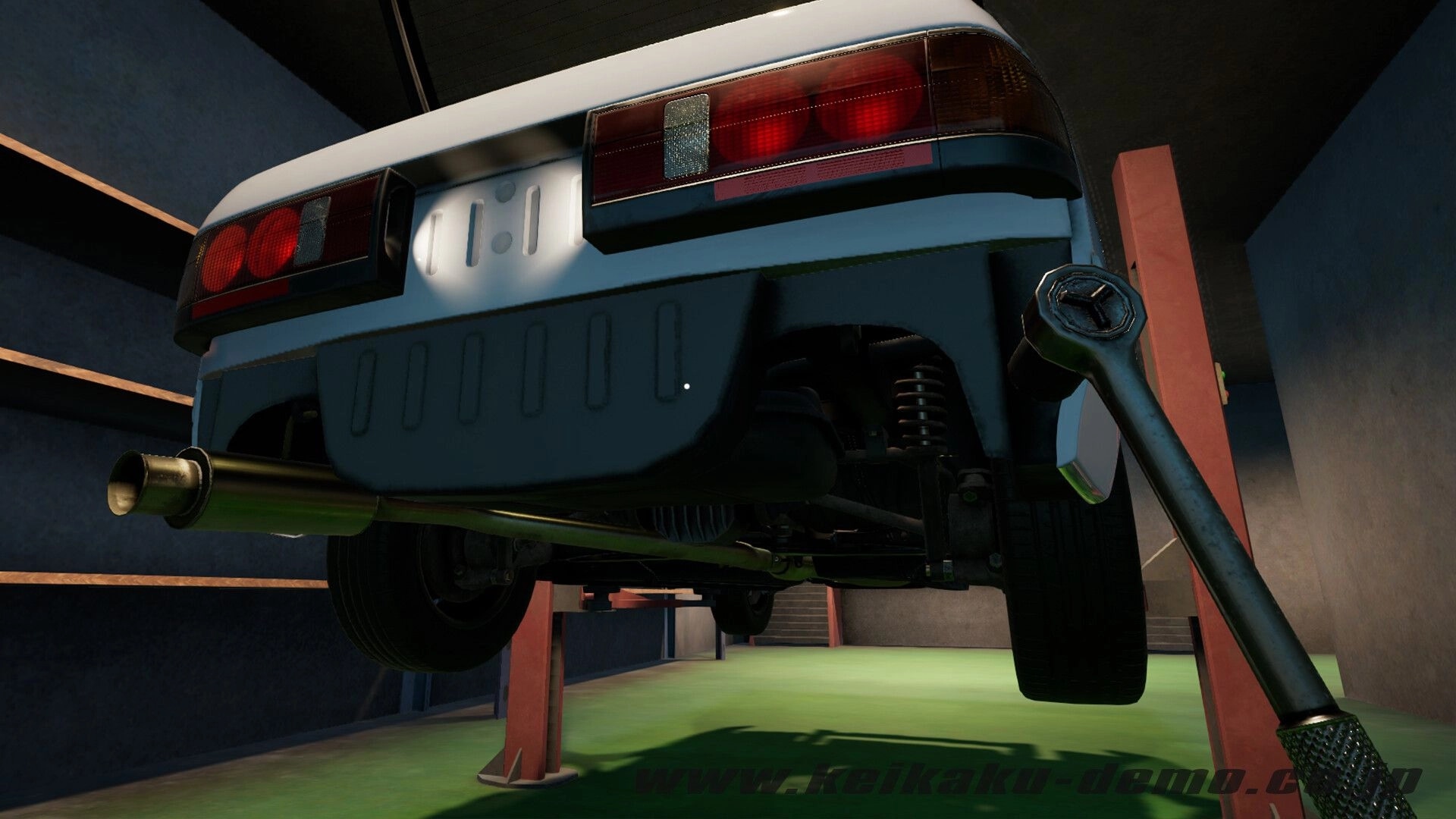 Keikaku計画: Low-angle view of car on lift with rear suspension and wrench visible in garage bay.
