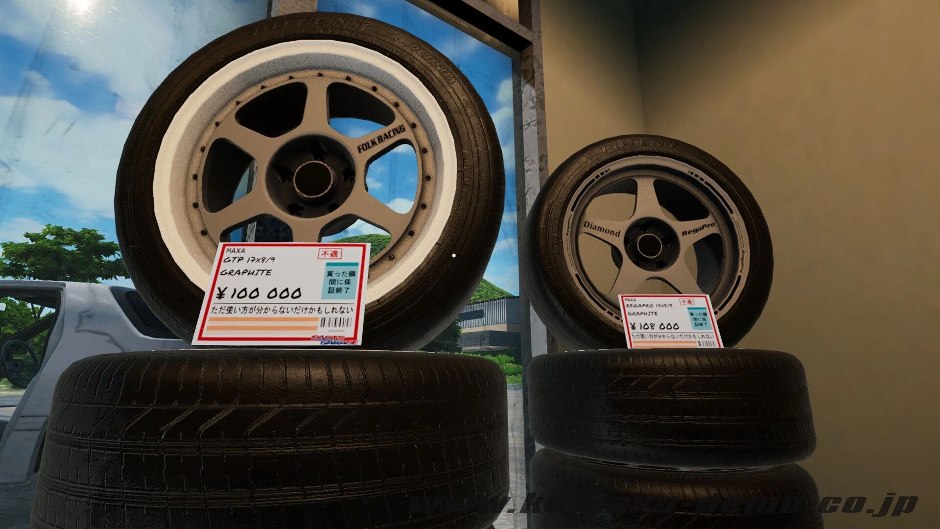 Keikaku計画: Close-up of wheel and tire sets with price tags in a garage shop display area.