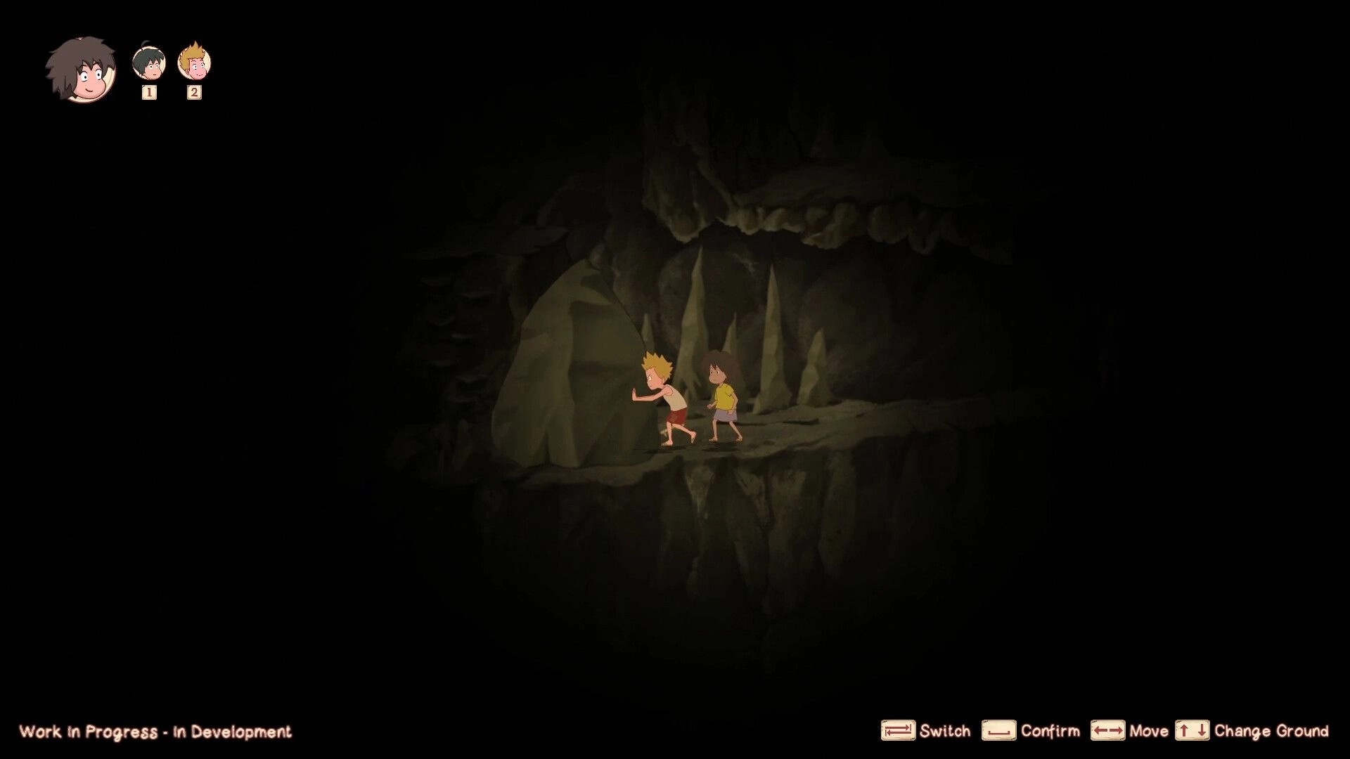 Kejora: Characters push a boulder in a dimly lit cave with UI showing character icons and controls