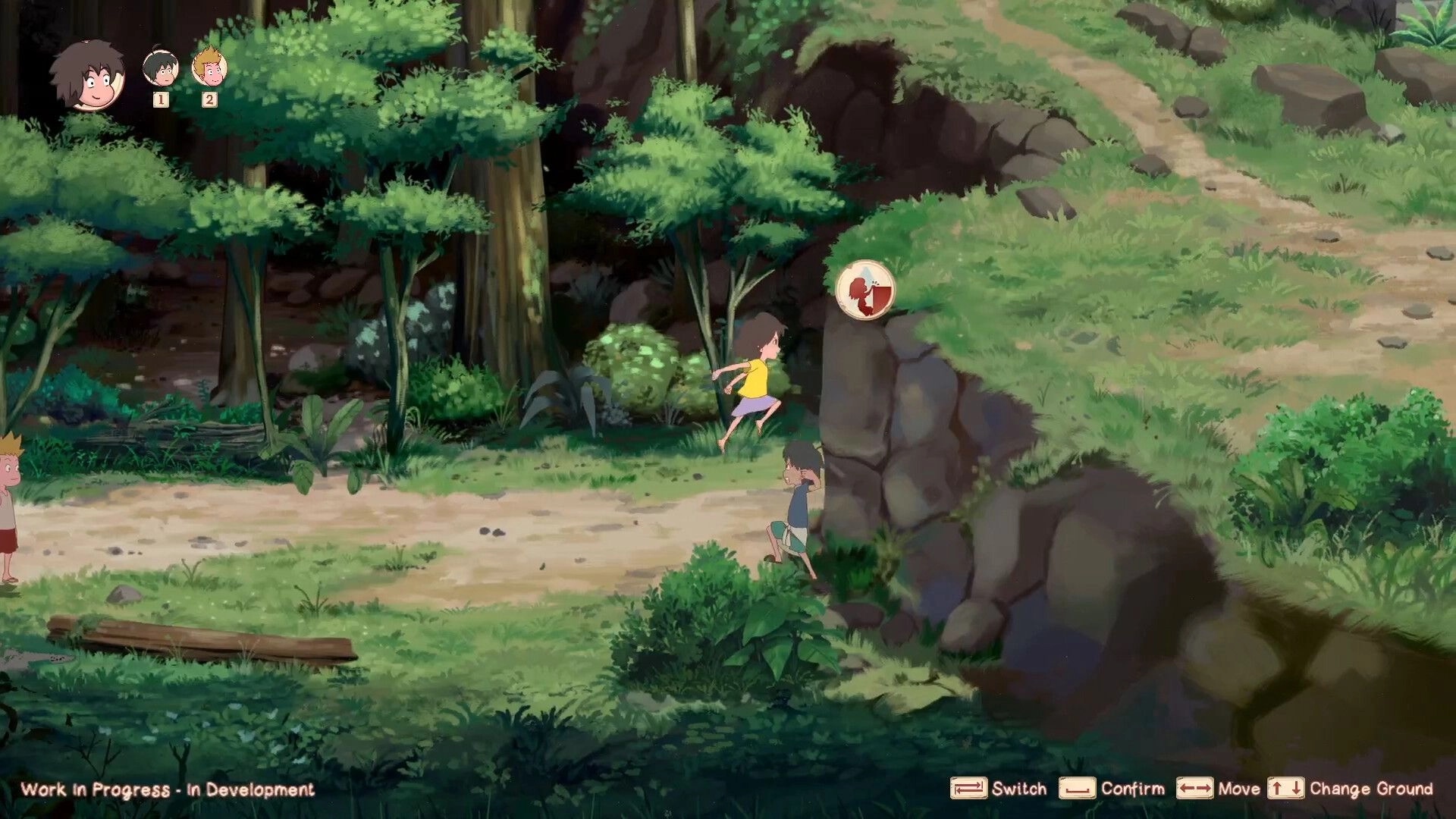 Kejora: Two children leap across a grassy path, surrounded by lush forest and rocky terrain.