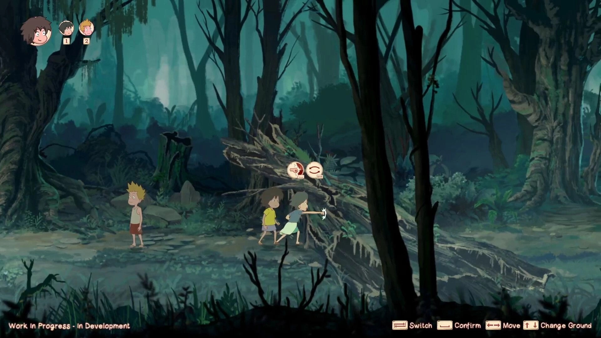 Kejora: Characters in a dense forest clearing, interacting with a fallen tree in a puzzle-solving scene.