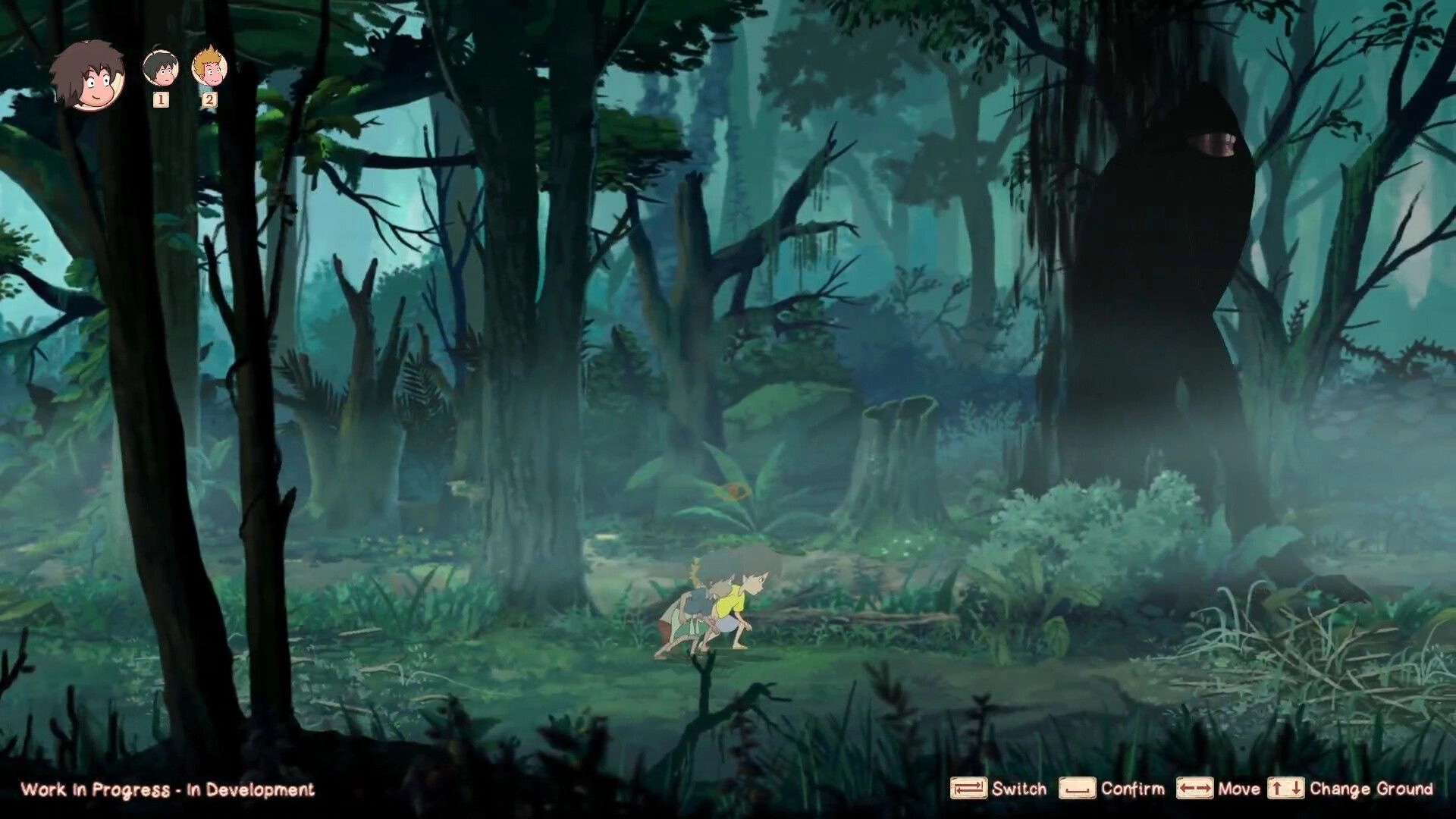 Kejora: Kejora and friends stealthily navigate a misty forest with character icons displayed above.
