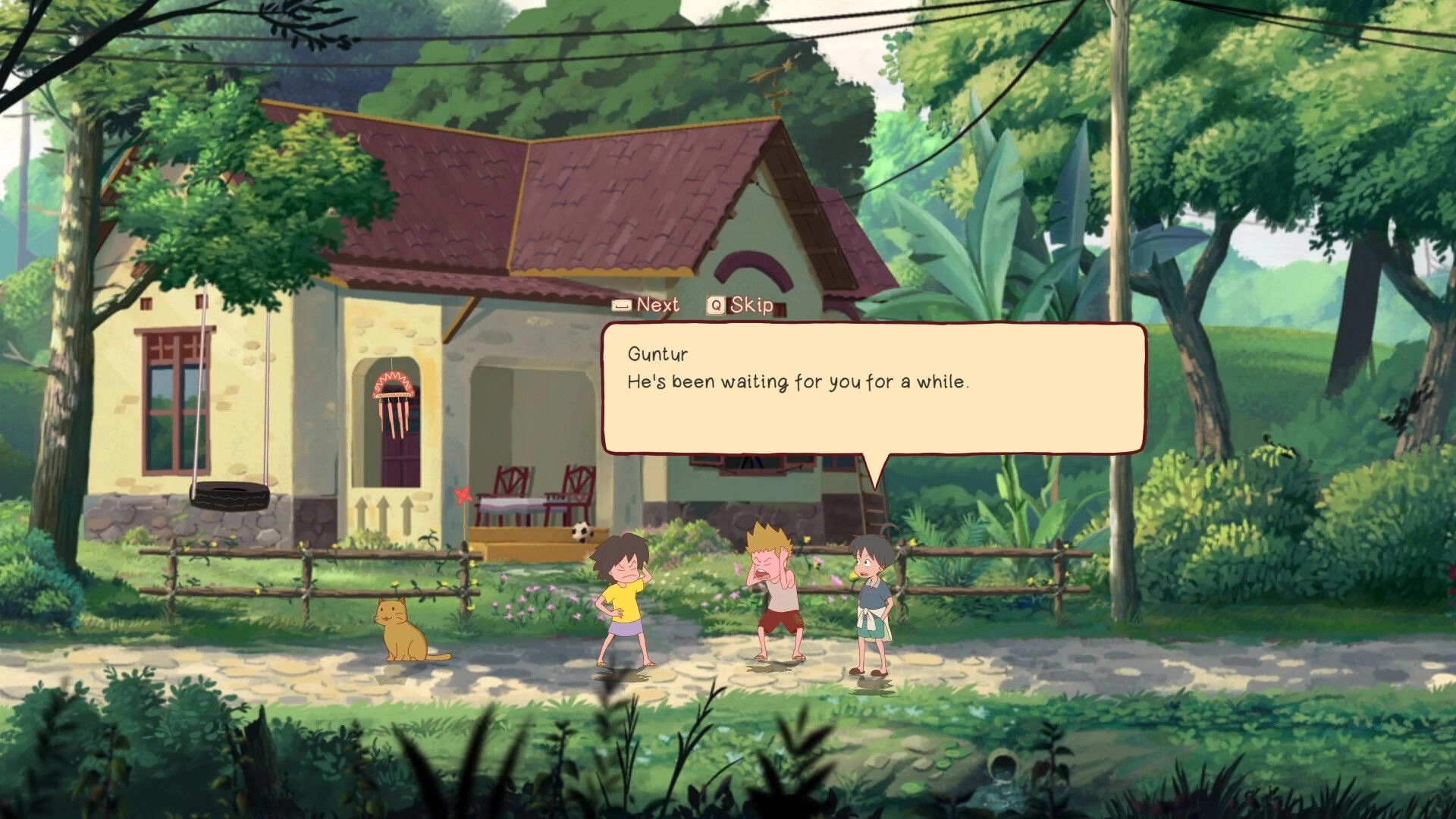 Kejora: Three friends converse outside a cozy village house with dialogue box and navigation options.