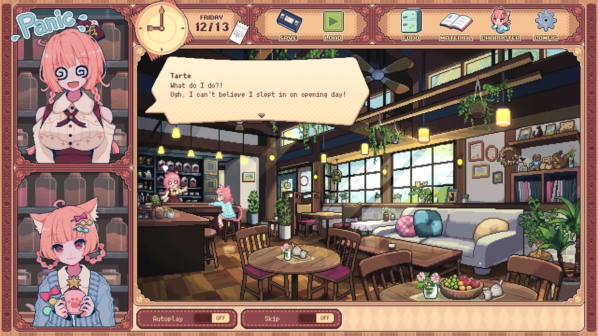 Kemono Teatime: Tarte panics in cozy cafe setting with plants, tables, and character dialogue UI visible.
