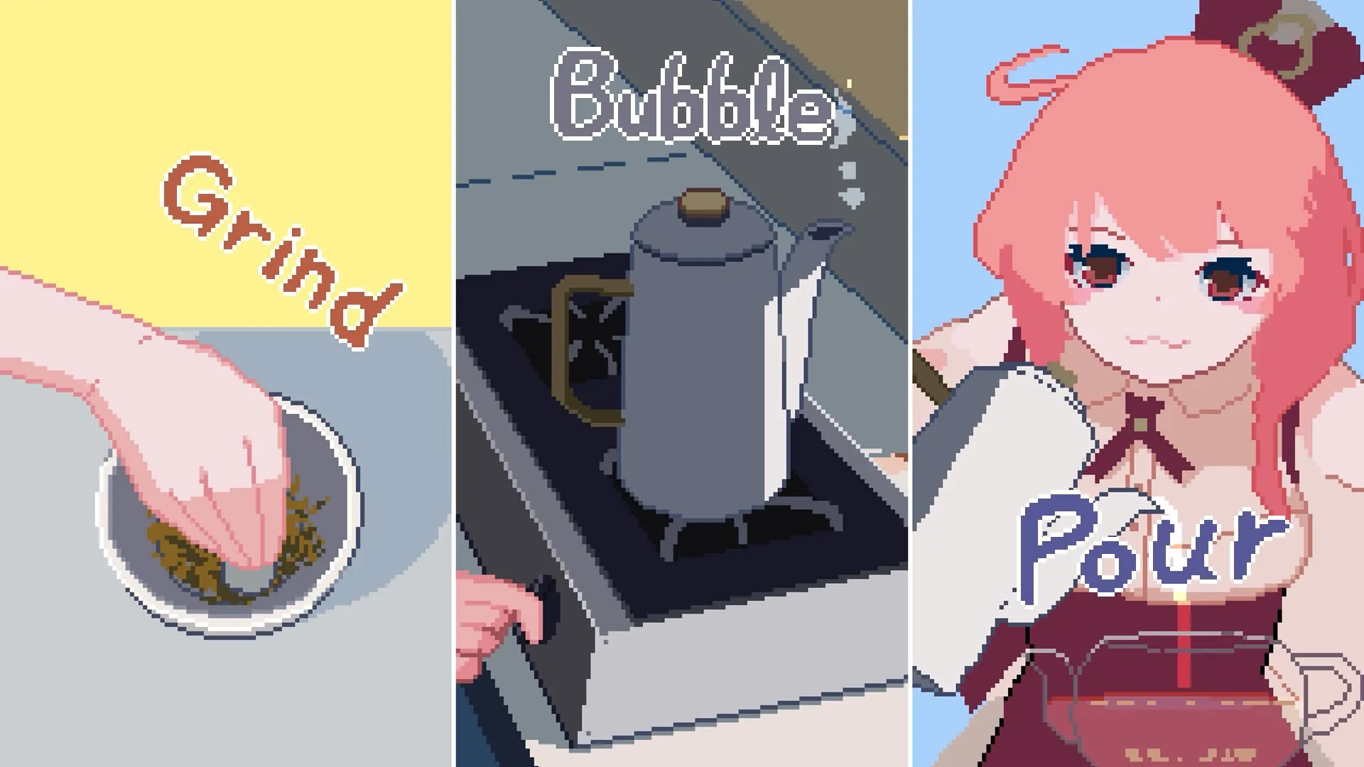 Kemono Teatime: Grinding tea leaves, boiling kettle, and character pouring tea in a cozy kitchen setting.