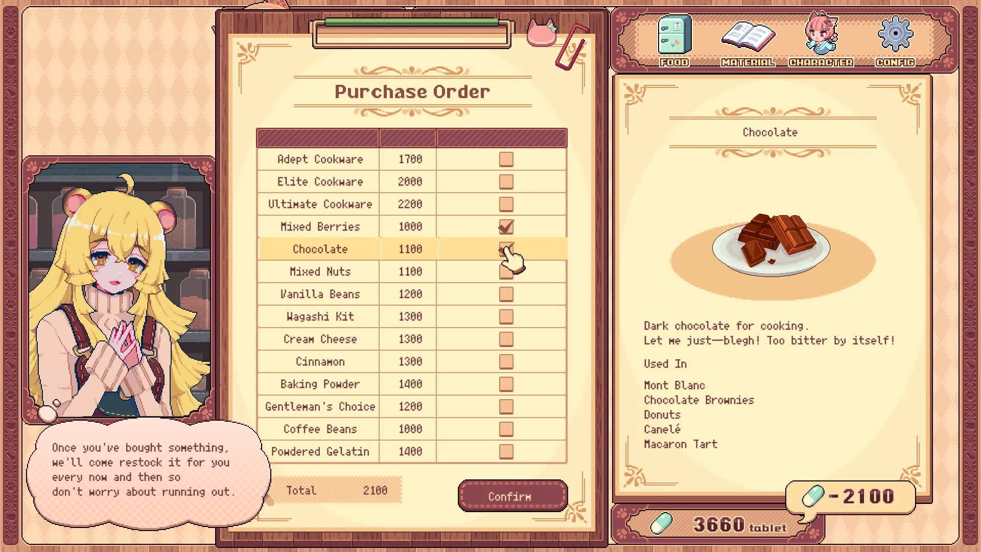 Kemono Teatime: Character selects chocolate from purchase order menu in cozy cafe setting.