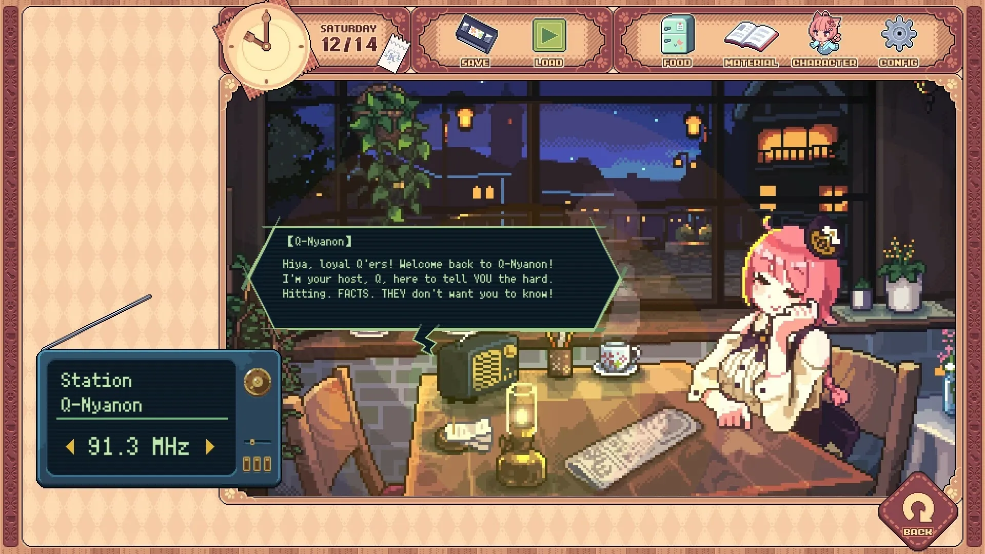 Kemono Teatime: Character Q-Nyanon hosts radio show in cozy cafe with night city view