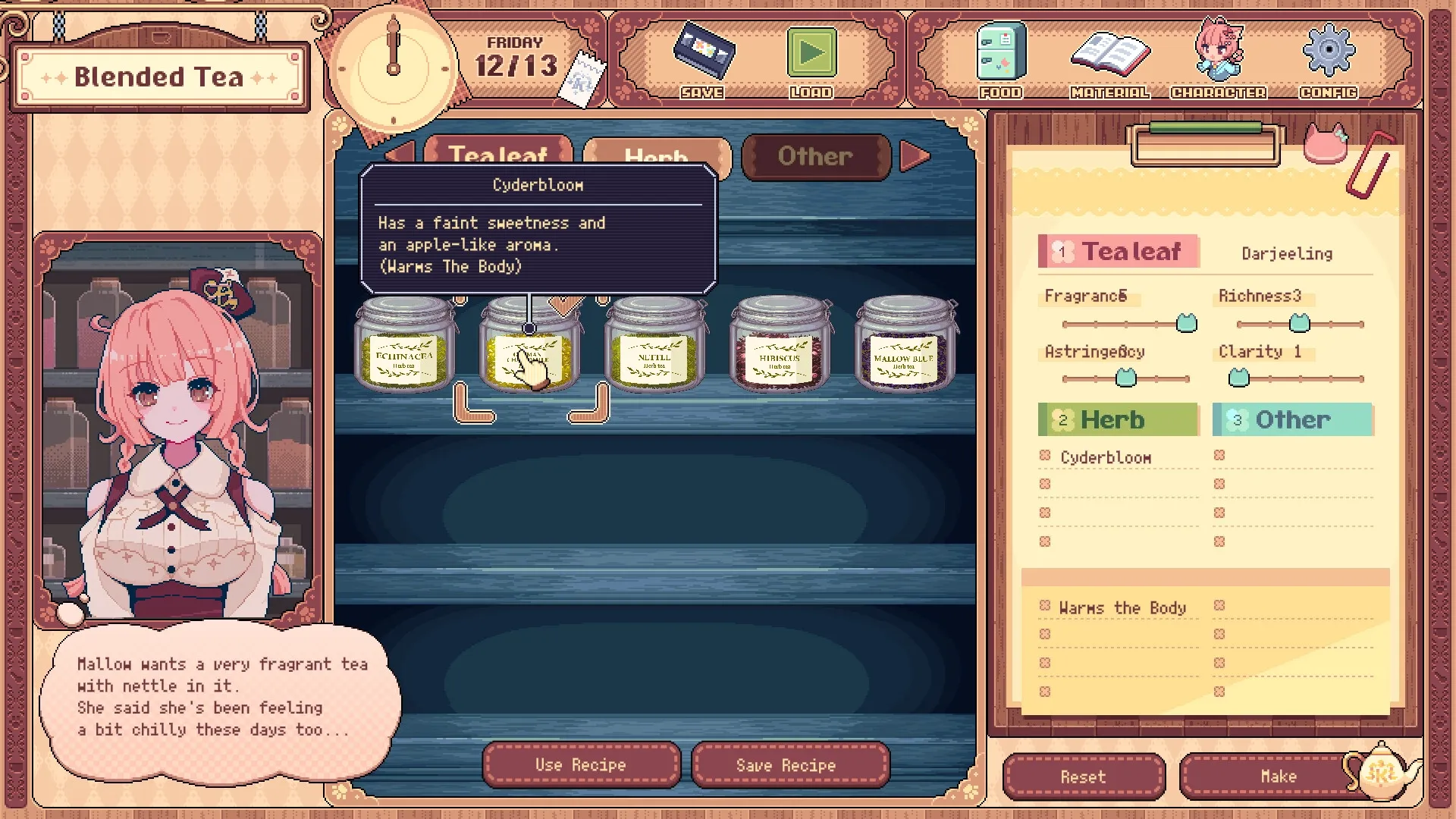 Kemono Teatime: Mallow selects tea ingredients with herb jars and character dialogue on a recipe screen.