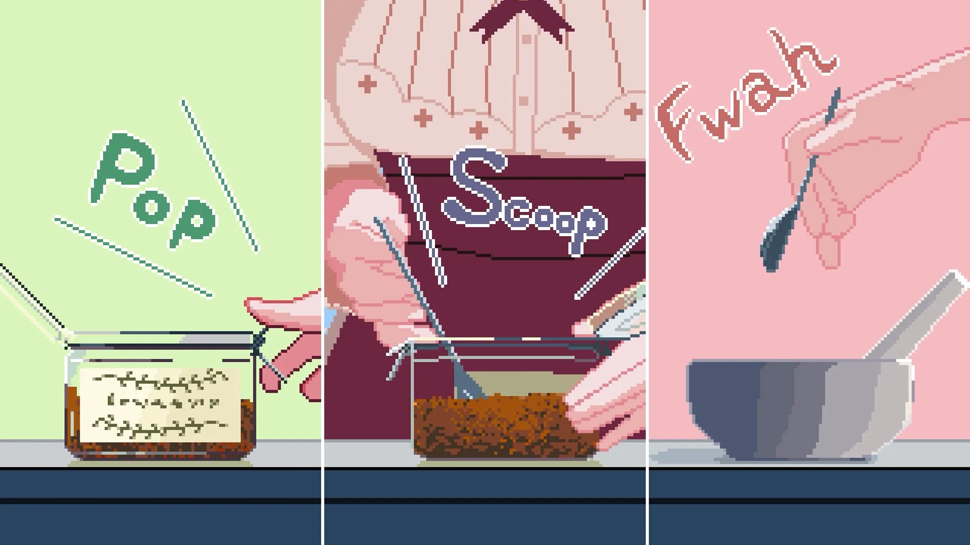 Kemono Teatime: Three-panel tea preparation with popping, scooping, and mixing actions in a cafe.