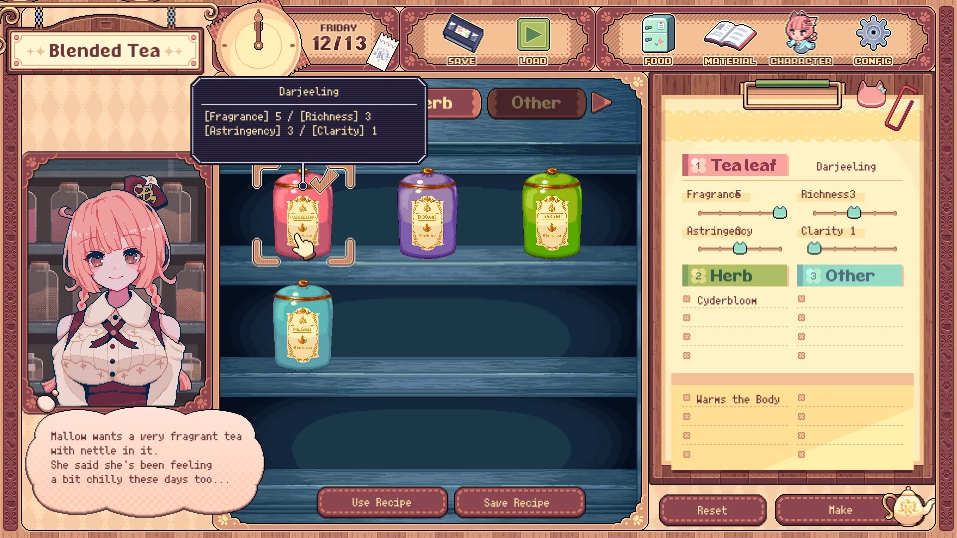 Kemono Teatime: Mallow selects tea ingredients in a cozy cafe with detailed flavor profiles displayed.