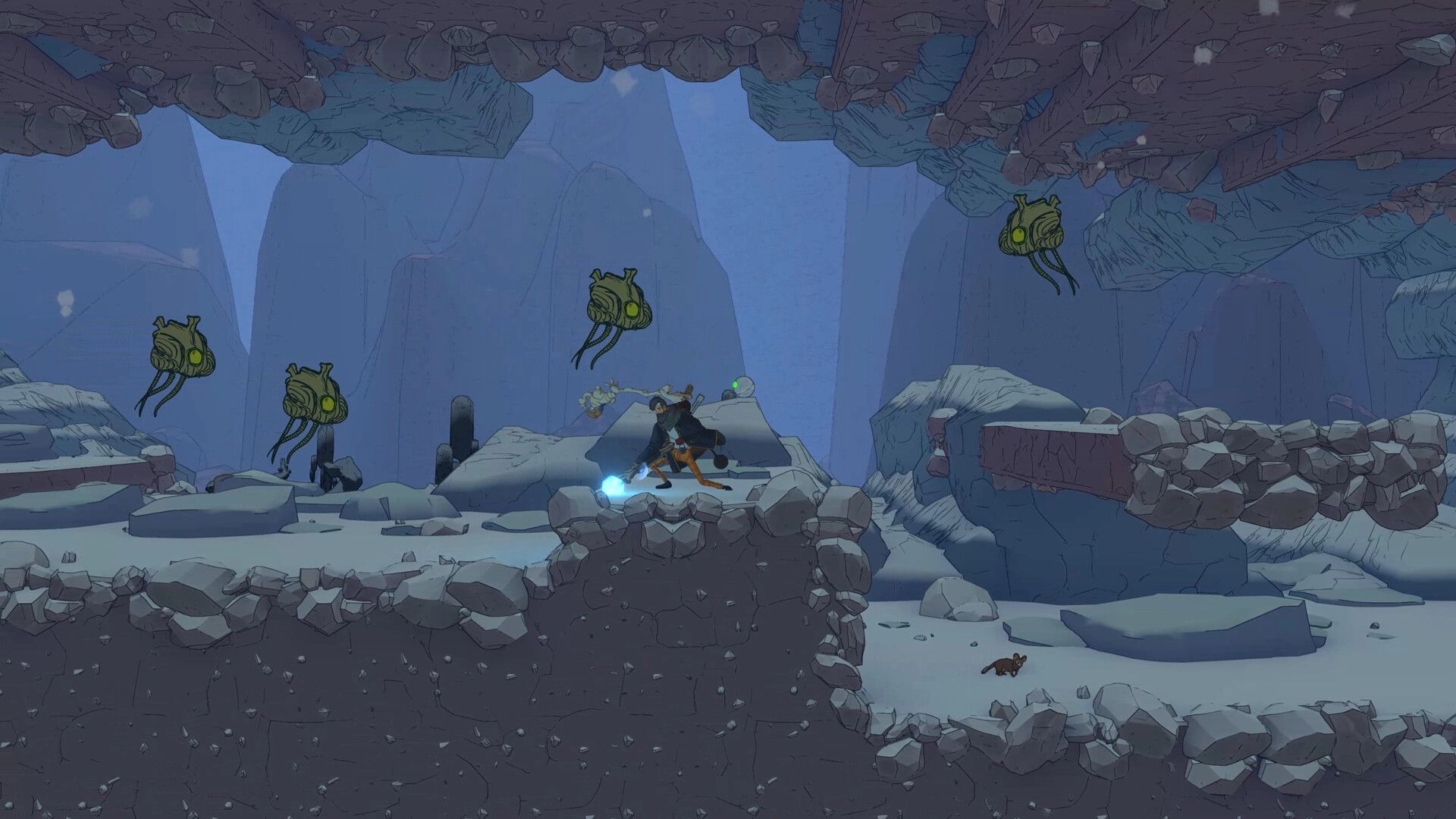 Kentum: Kent battles flying creatures in a rocky cave environment with snowy terrain and cliffs.