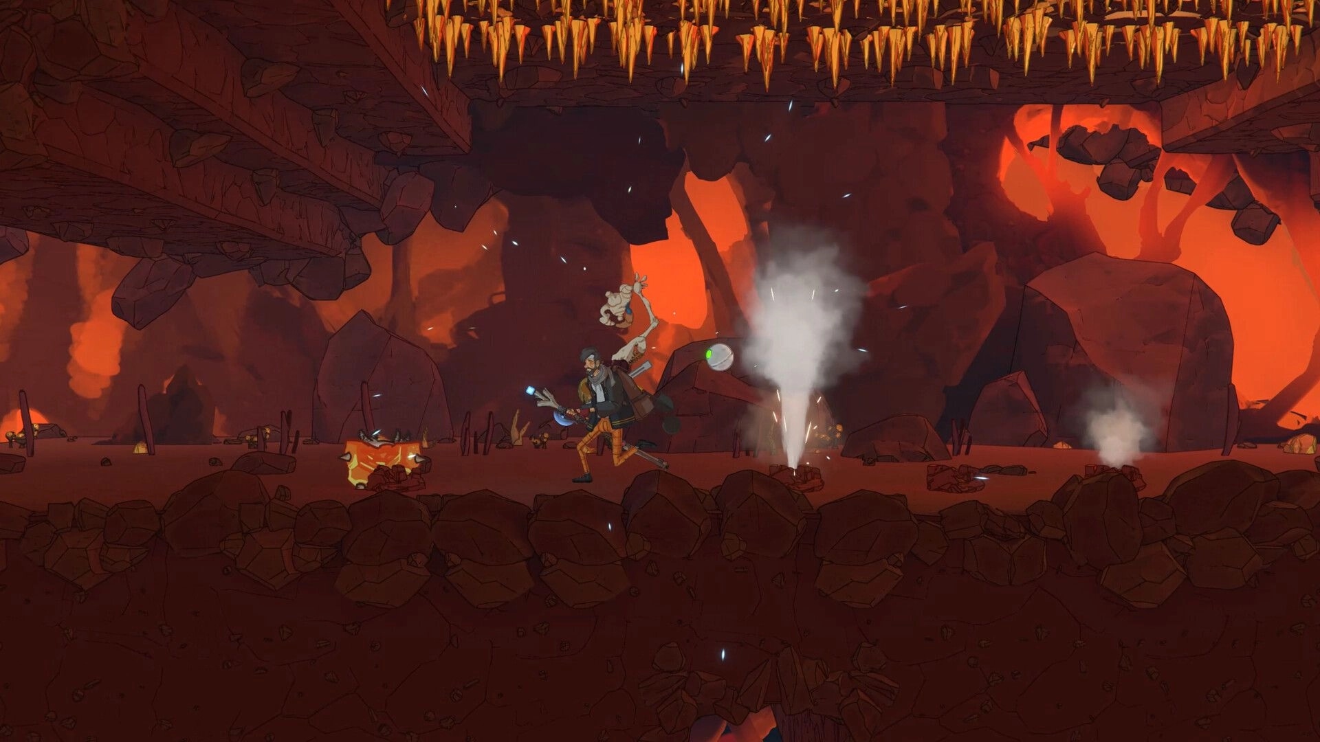 Kentum: Character runs through fiery cave with stalactites and steam vents, holding a glowing device.