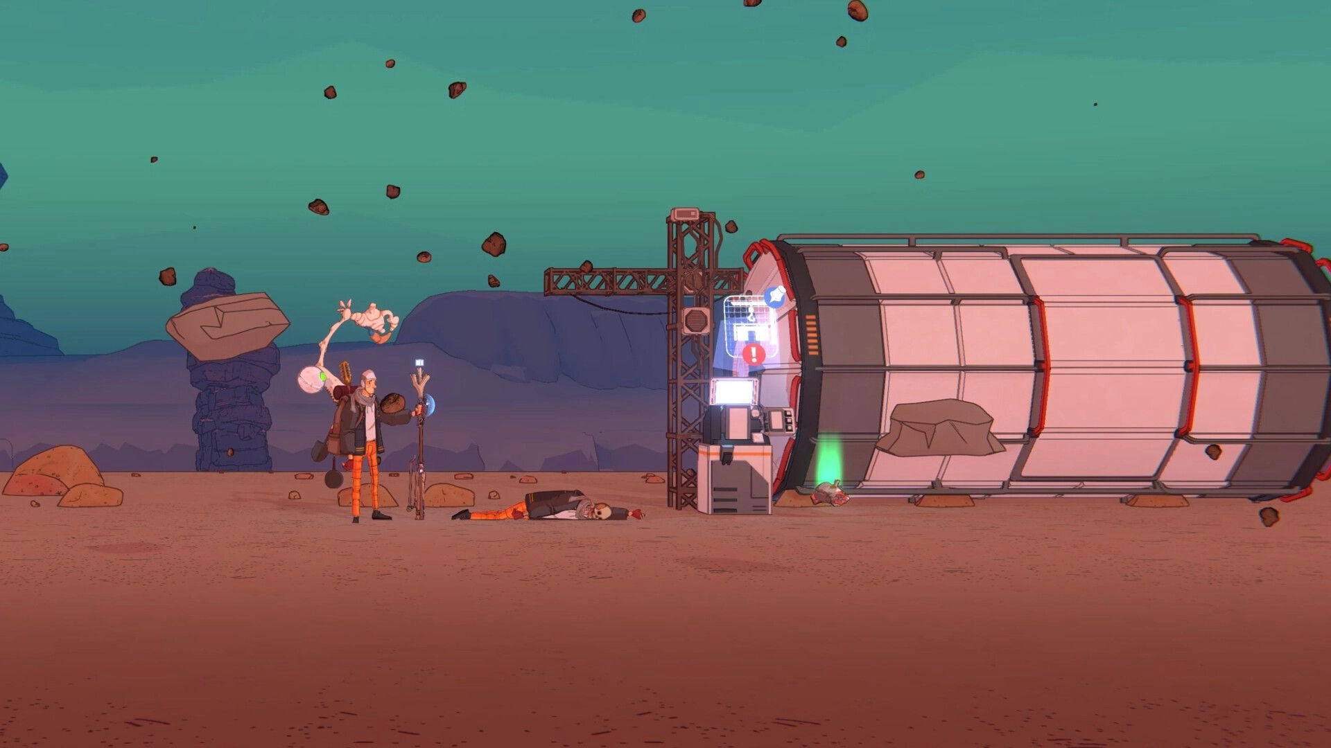 Kentum: Kent examines a futuristic pod with a control panel in a barren desert landscape.