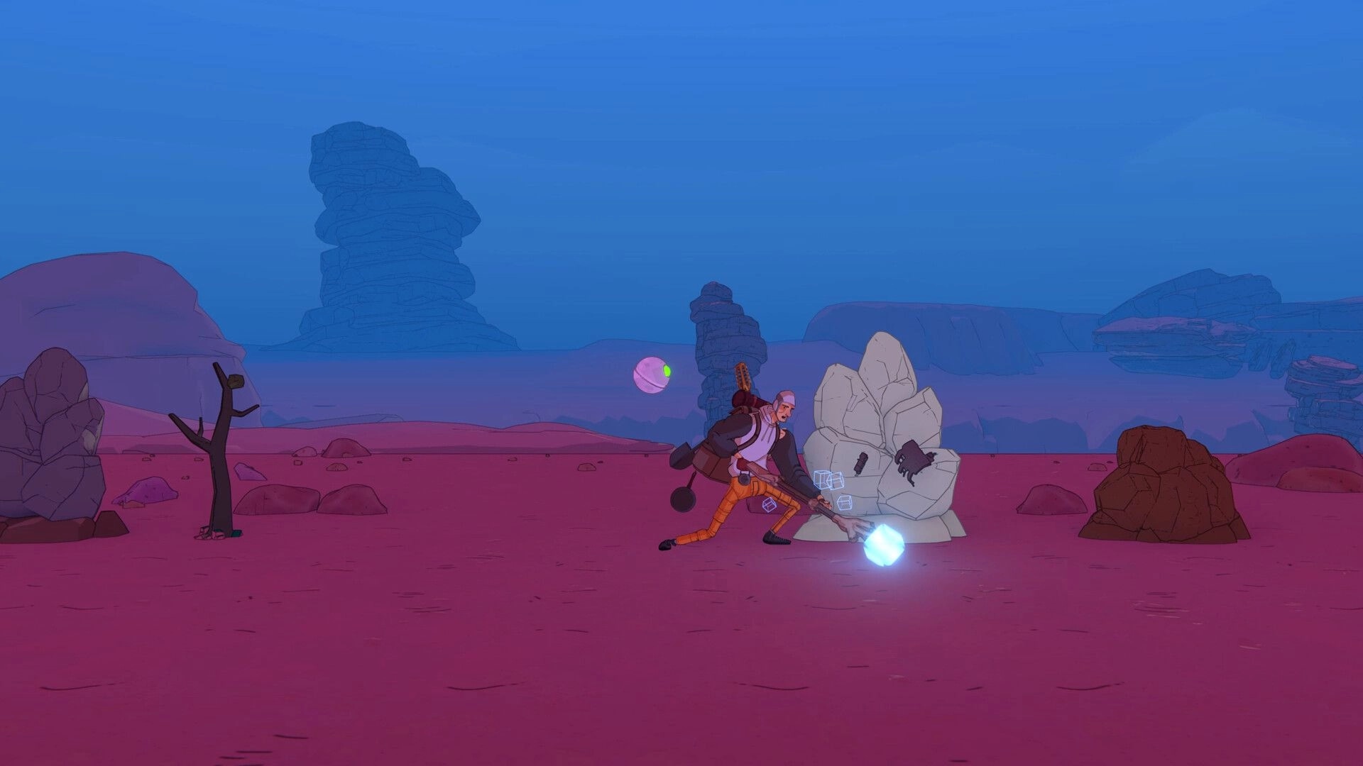 Kentum: Kent mining a glowing rock in a barren desert landscape with rocky formations in the background