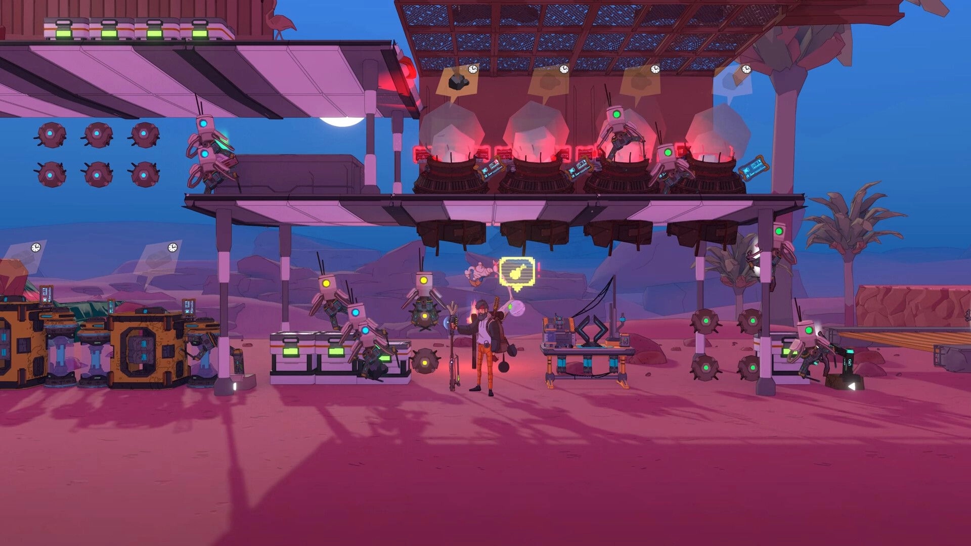 Kentum: Character Kent manages robots and machinery in a desert base with futuristic equipment.