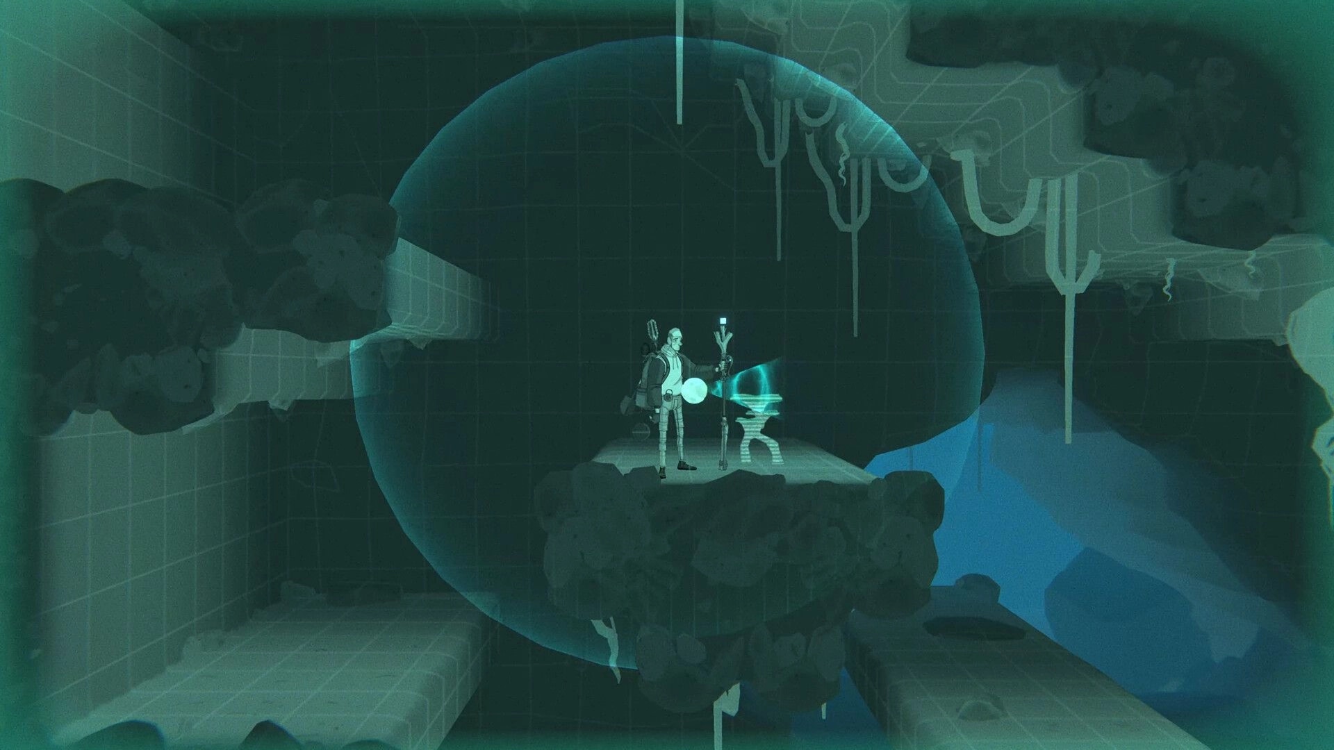 Kentum: Kent interacts with a glowing holographic console on a floating platform in a cavernous area.