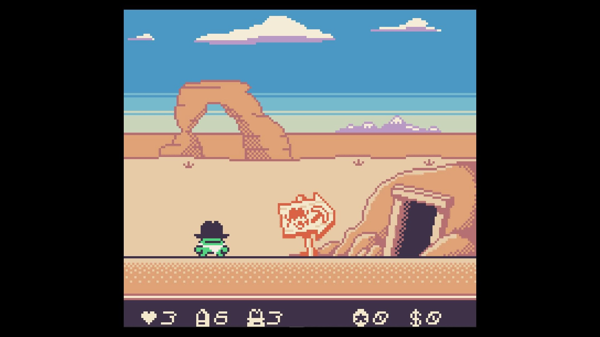 Kero Kero Cowboy: Frog character stands by cave entrance in pixelated desert landscape with UI icons.