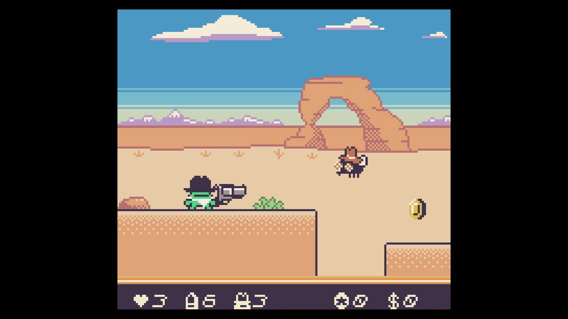 Kero Kero Cowboy: Frog cowboy aims weapon at enemy in desert with arch rock formation and coin nearby.