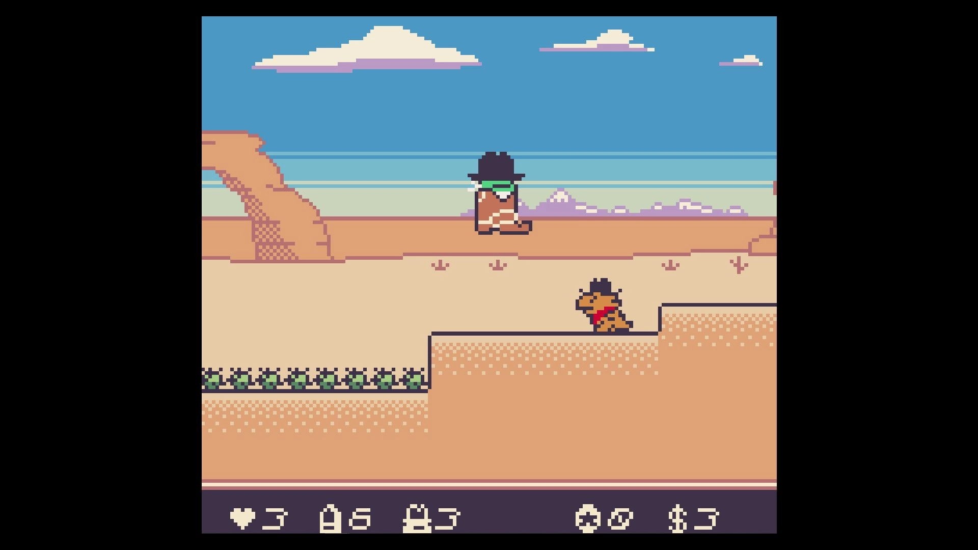 Kero Kero Cowboy: Frog character navigating desert platform with UI showing hearts and currency count