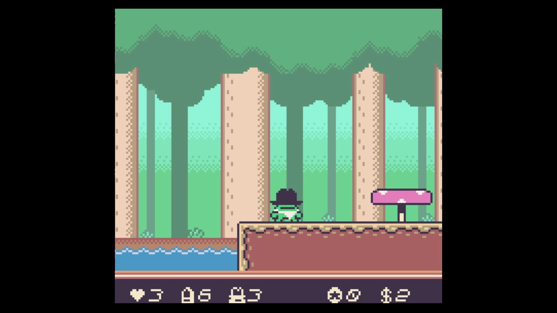 Kero Kero Cowboy: Frog character in forest setting with UI showing lives, ammo, and currency.