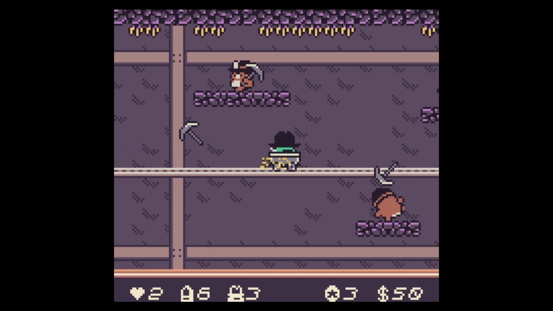 Kero Kero Cowboy: Frog character platforming in mine shaft with pickaxes and health displayed