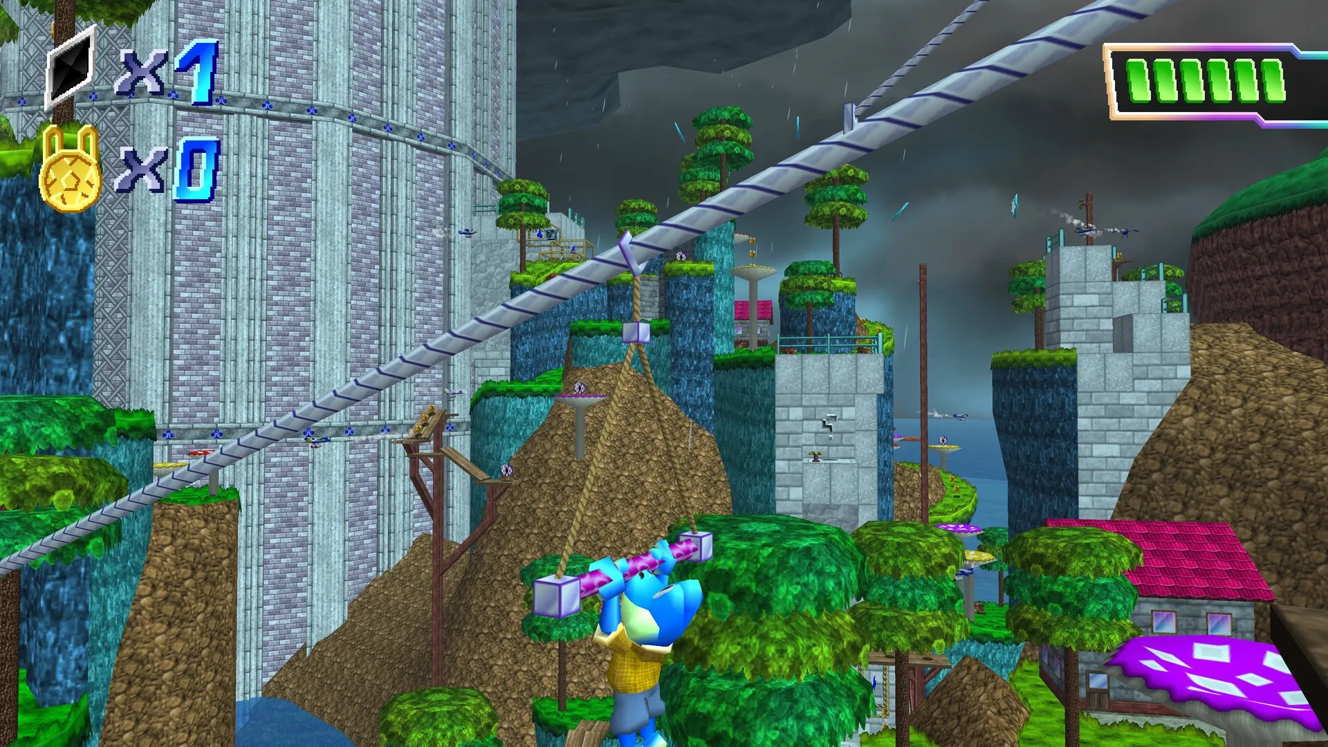 Kero Quest 64: Kero zip-lines through lush cliffs and towers, collecting shards under a stormy sky.