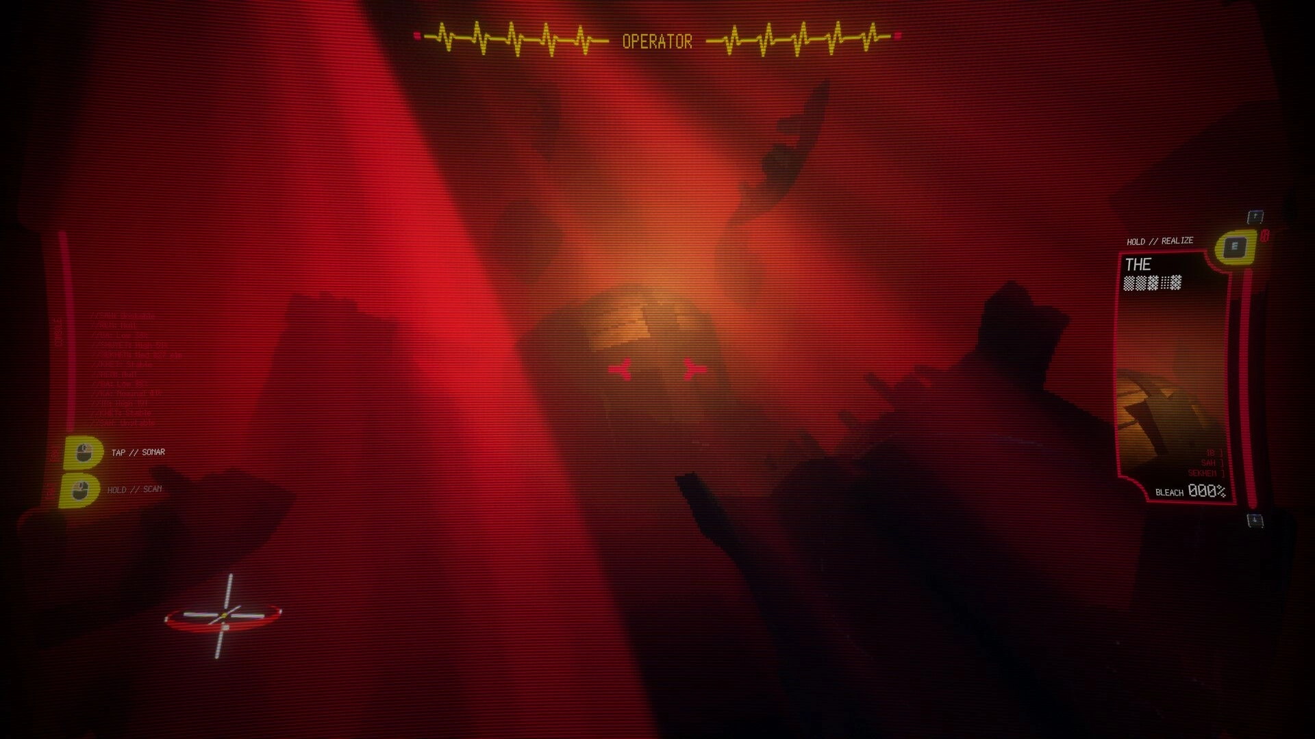 KEROGEN: First-person view aiming a handheld scanner at a red foggy figure, operator HUD active.