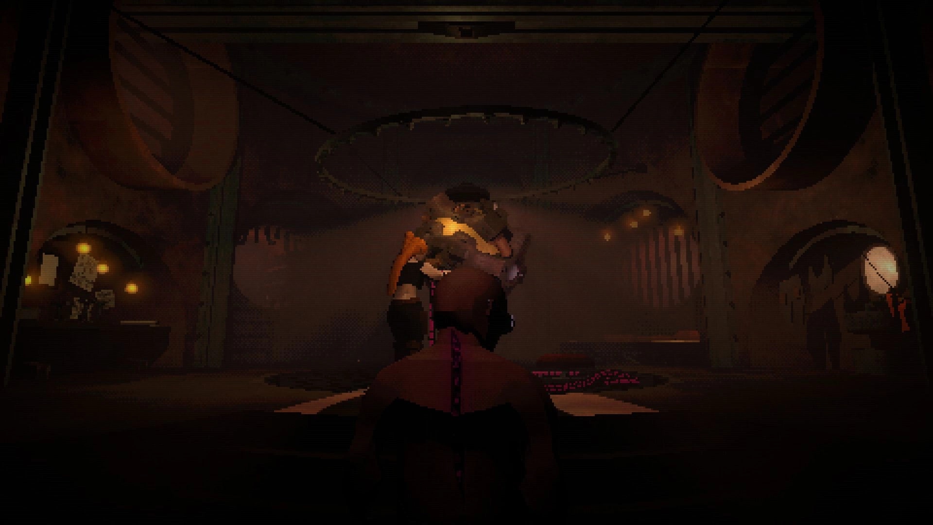 KEROGEN: First-person view aiming a pistol at a shadowy figure in a grimy ship corridor lit by lamps.