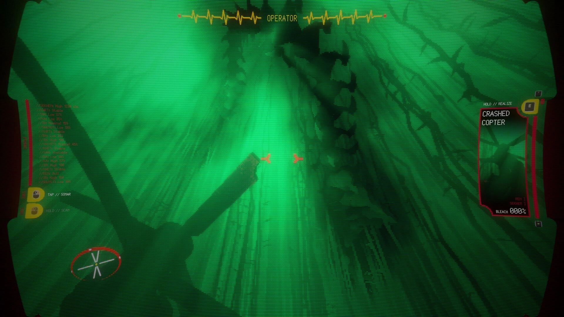 KEROGEN: Green night-vision scan of tangled wreckage with “CRASHED COPTER” objective HUD panel.