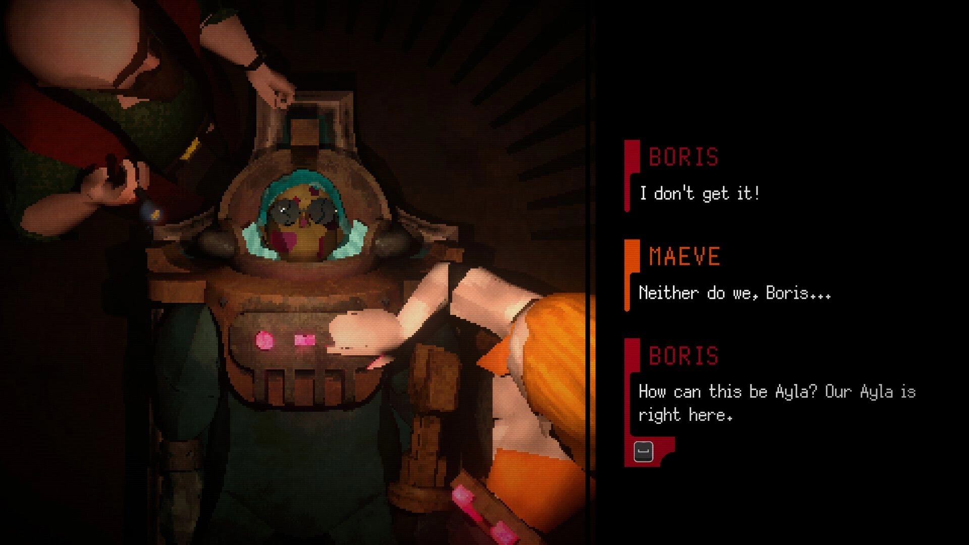 KEROGEN: Dialogue UI as Boris and Maeve talk over a corpse in a rusted diving suit cabin.
