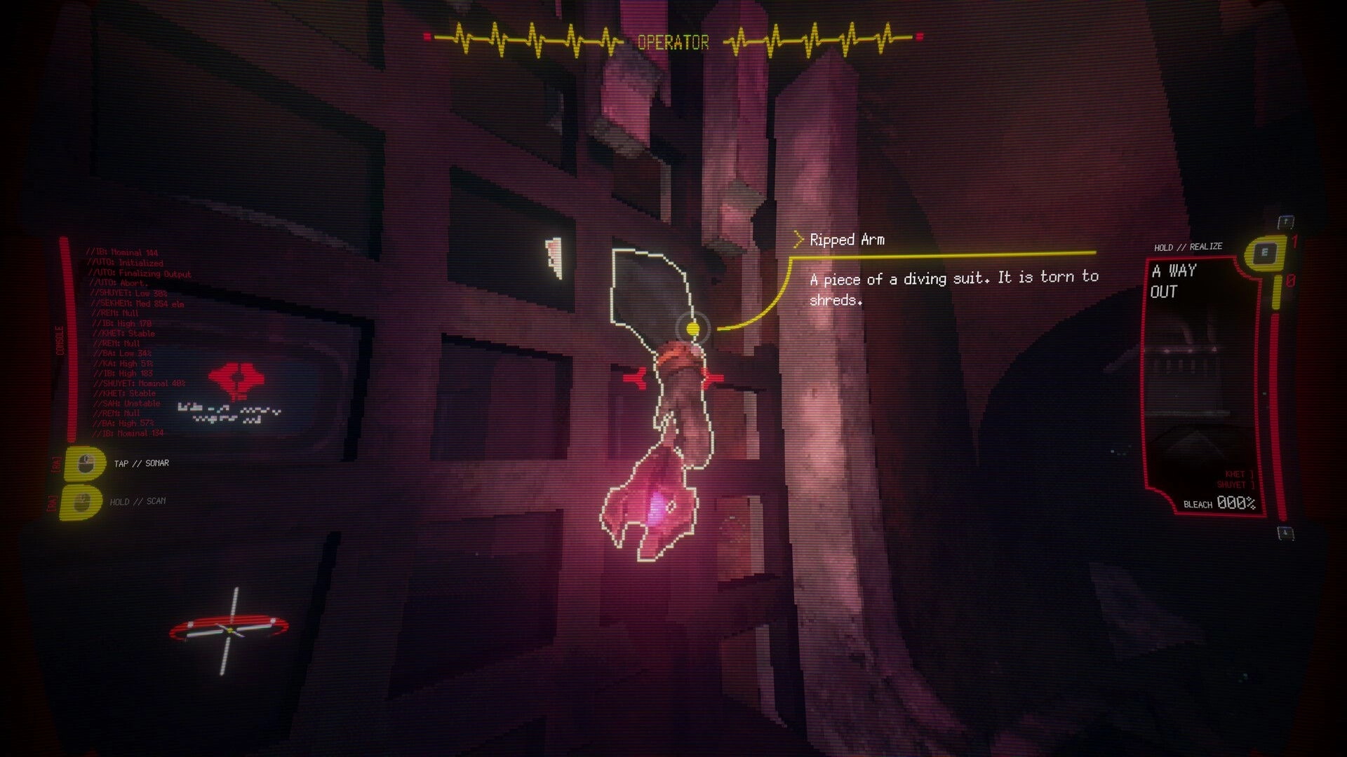 KEROGEN: Scanning a floating ripped arm with tooltip text inside a dark red industrial corridor UI.