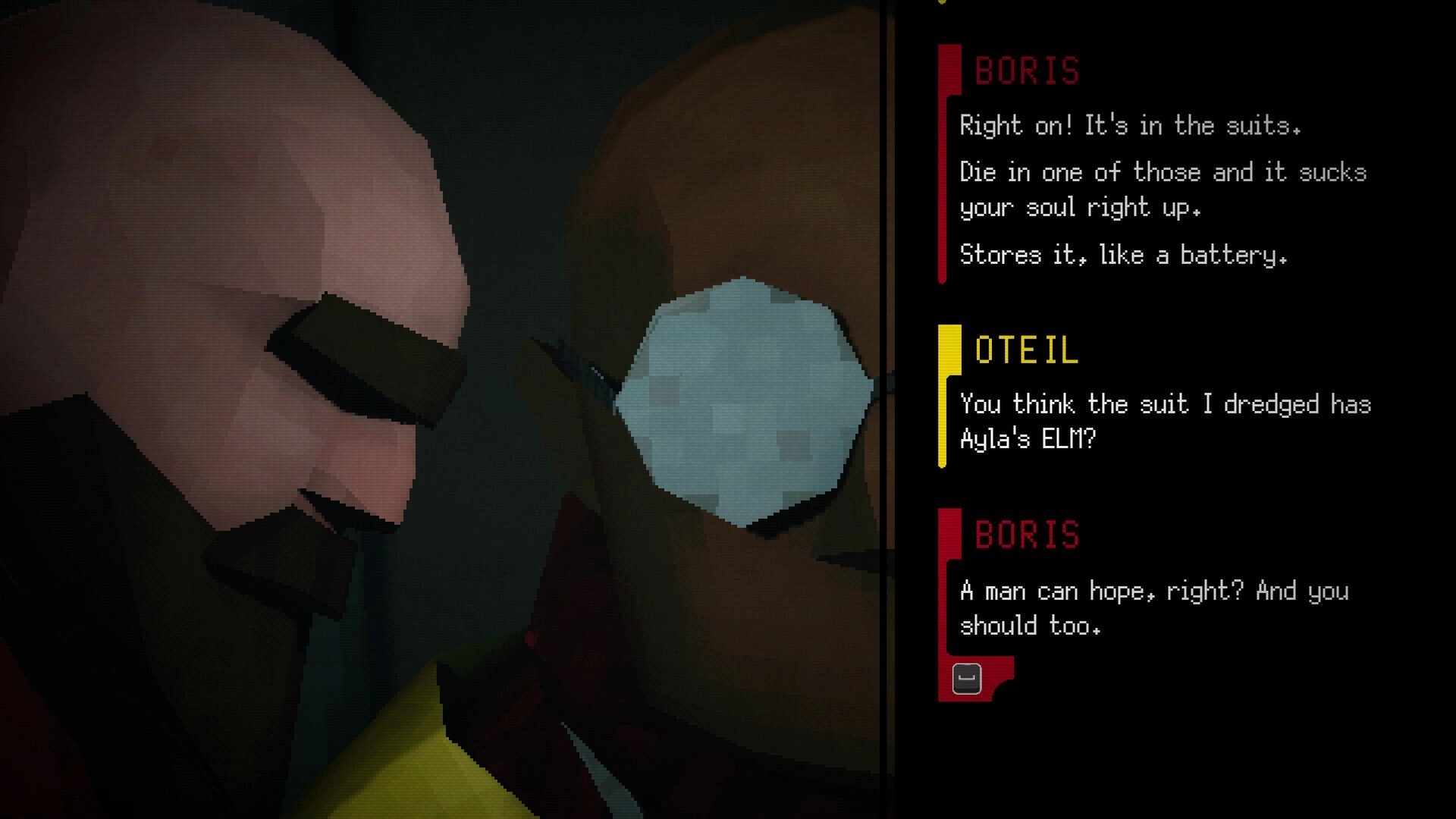 KEROGEN: Dialogue UI with BORIS and OTEIL text beside close-up of a crew member in a suit.
