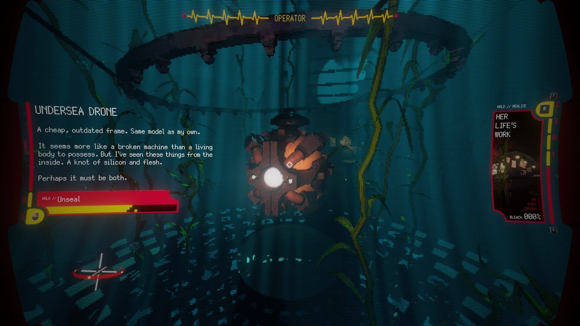 KEROGEN: Undersea drone scan UI over a kelp-filled seafloor tunnel with operator heartbeat meter HUD.