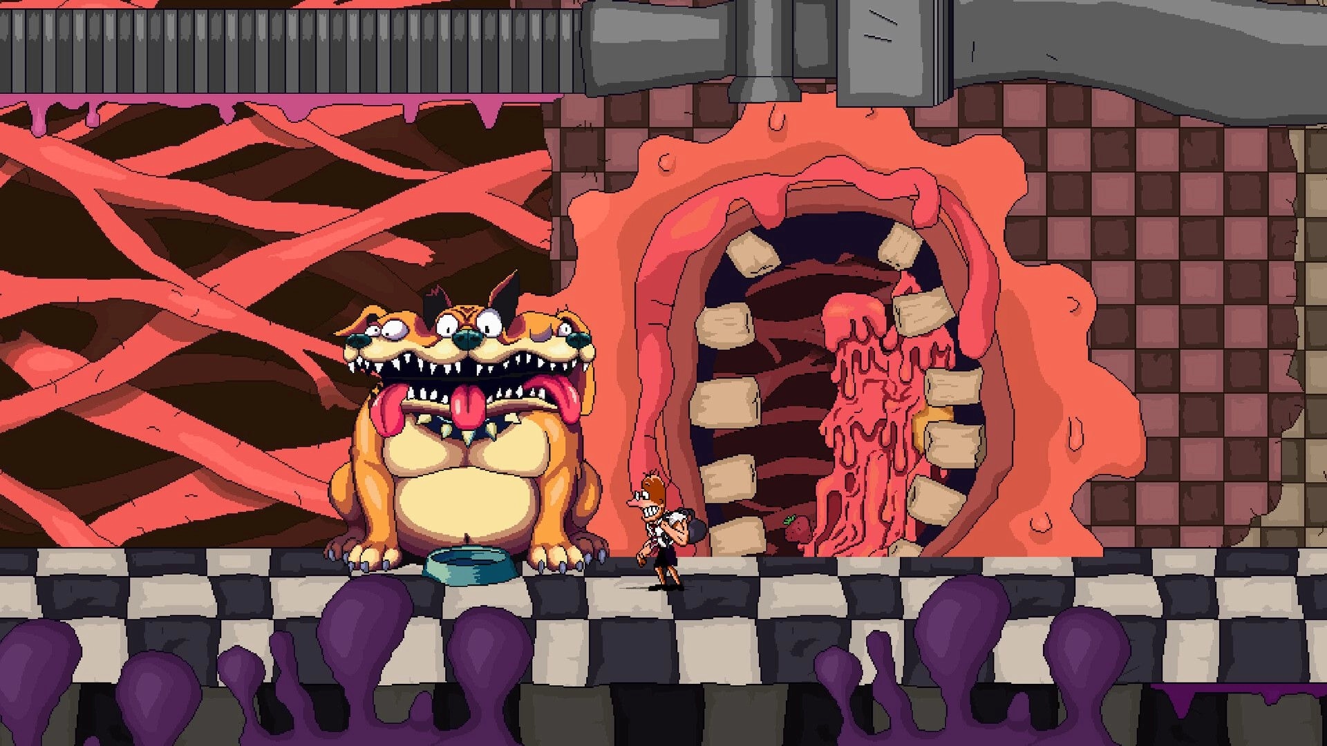 Kettlebell: Hero faces a snarling three-headed dog beside a fleshy tunnel in a hellish corridor.