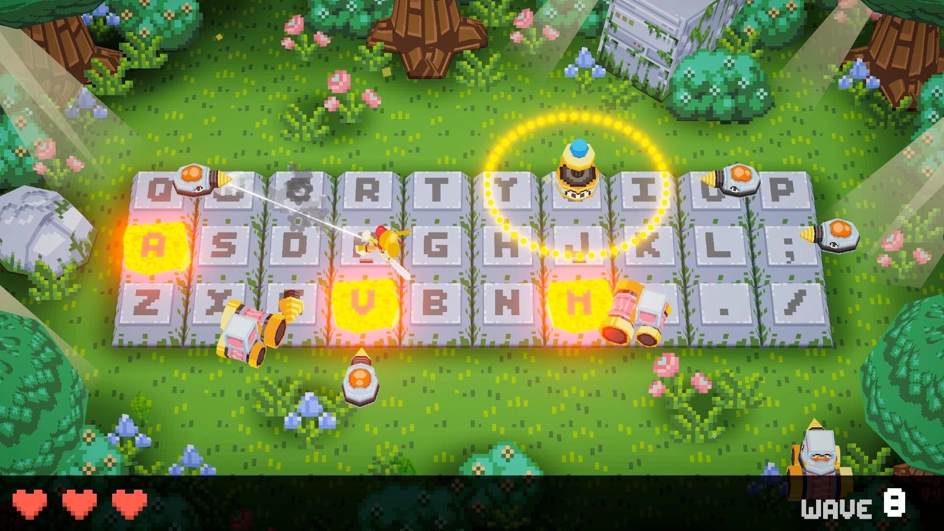Keyboard Warrior: Hero dodges drones on letter-tile keyboard path in grassy forest with hearts UI
