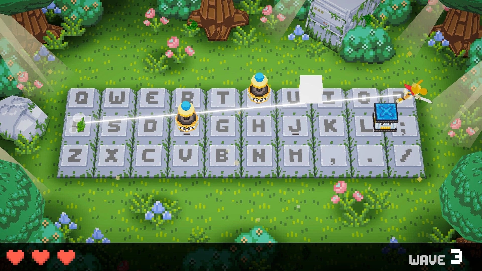 Keyboard Warrior: Hero dashes across giant QWERTY key tiles, slashing foes in a grassy forest arena