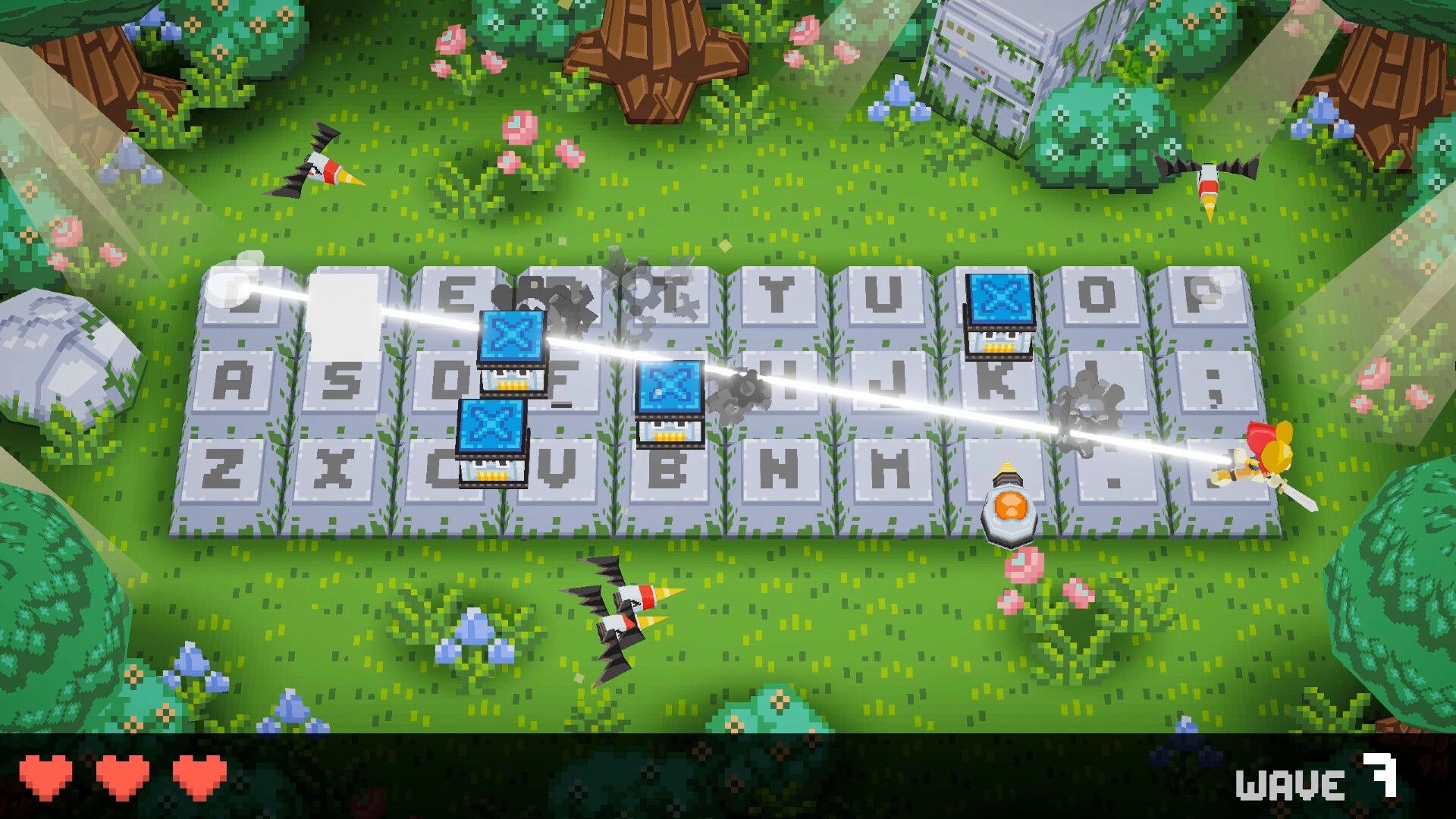 Keyboard Warrior: Hero fires a beam across keyboard tiles at enemies in a bright forest arena UI